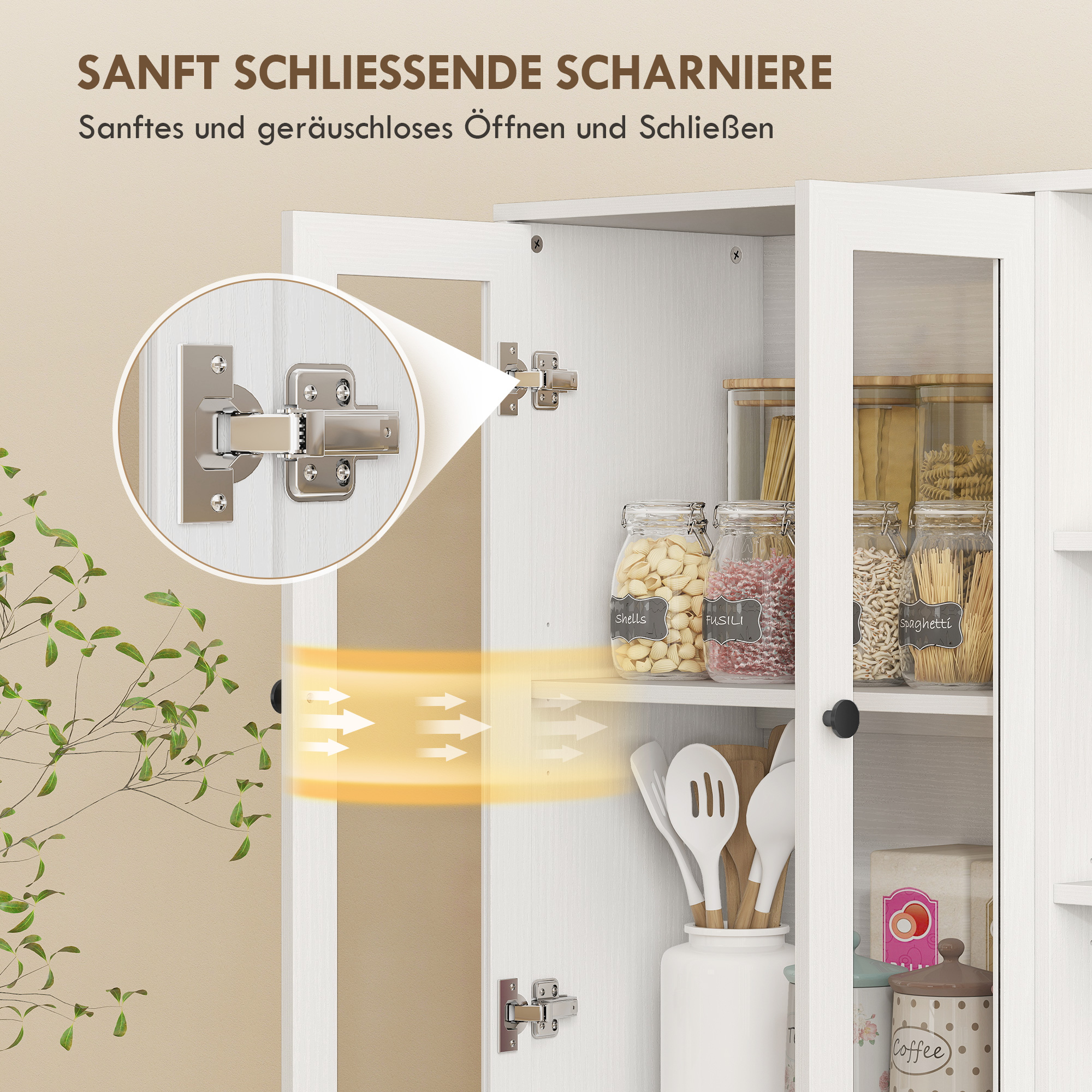 Küchenschrank mit Glastüren, Regale, offene Ablagen, 172 cm groß, MDF, Weiß