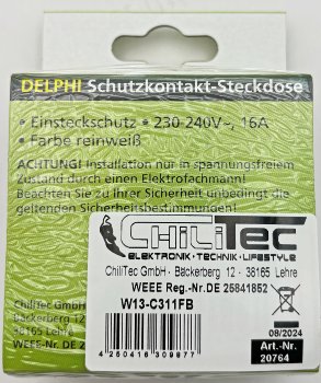 DELPHI Schutzkontakt-Steckdose, UP, weiß - 250V~/ 16A, inkl. Rahmen, Steckanschluss