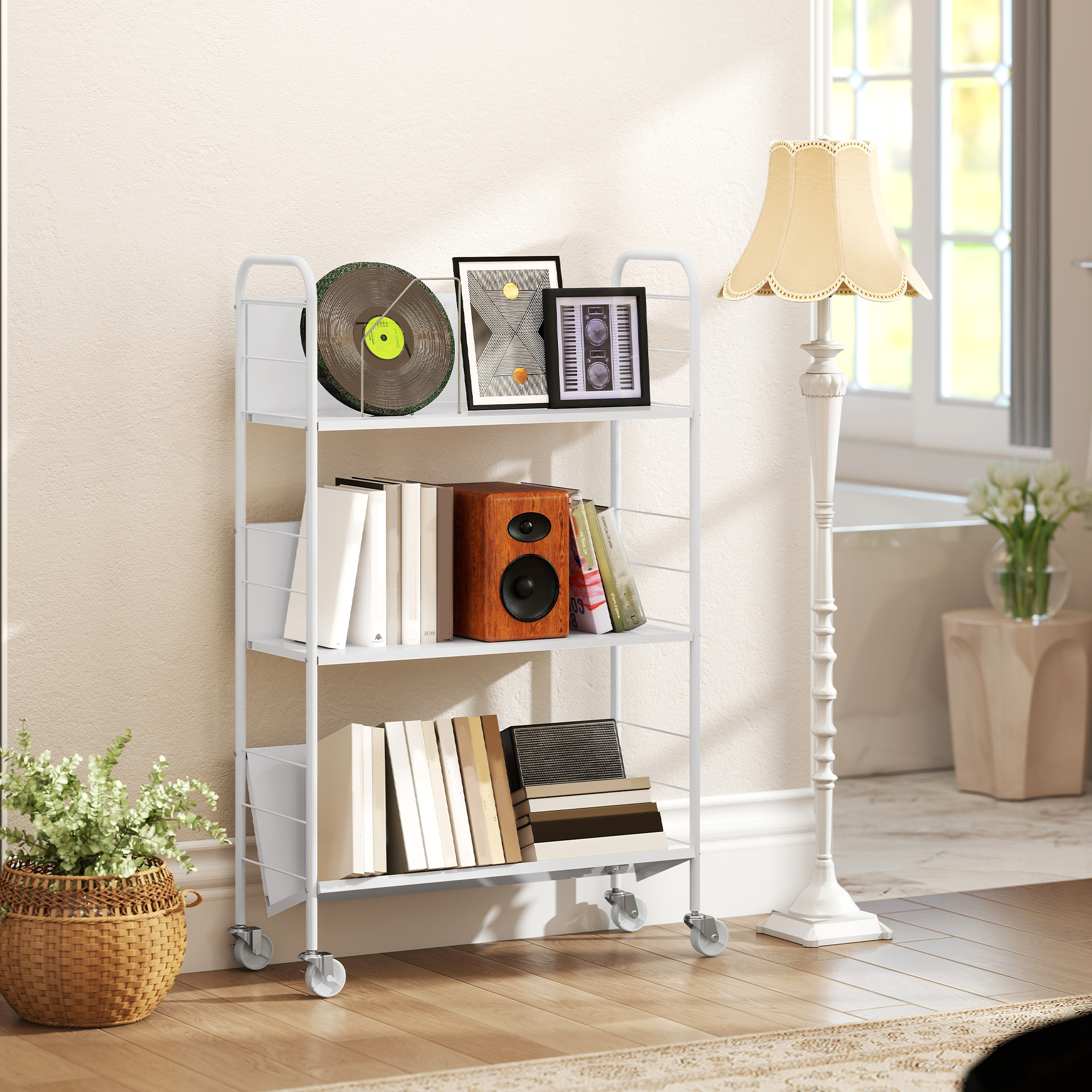 Bücherregal Aufbewahrungsregal mit 3 Ebenen, Rädern, Spielzeugregal für Schlafzimmer, 69 x 26 x 108 cm, Weiß