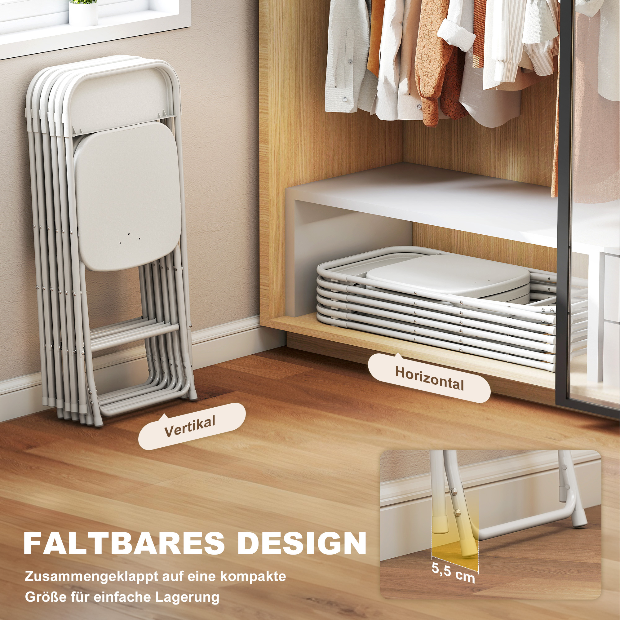 6er-Set Klappstühle, faltbare Stühle mit Ablauflöchern, Stahlrahmen, vielseitig einsetzbar, Weiß