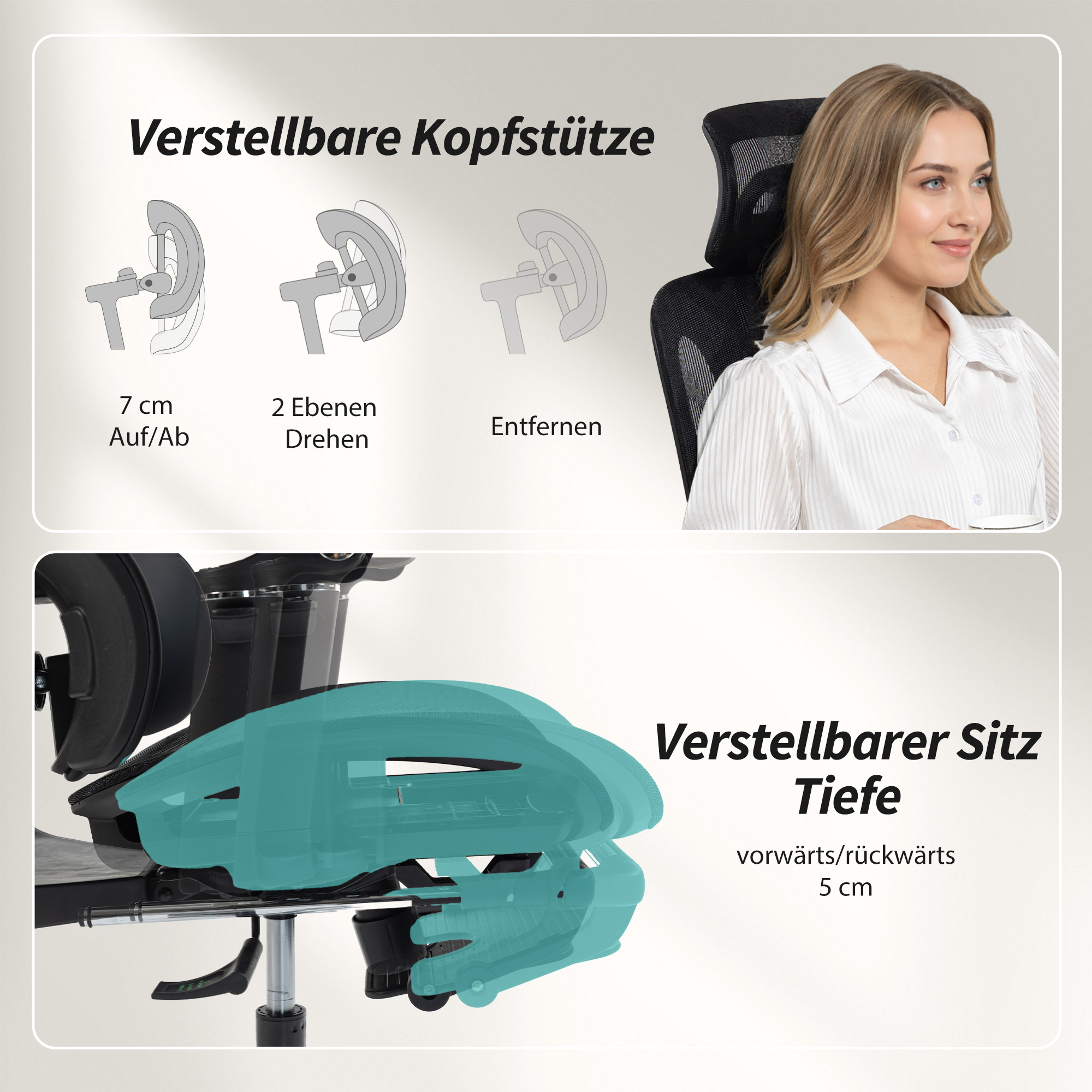 Bürostuhl Ergonomisch Schreibtischstuhl mit verstellbar Lenden- und Kopfstütze 6D-Klapparmlehnen Fußstütze Netz Schwarz