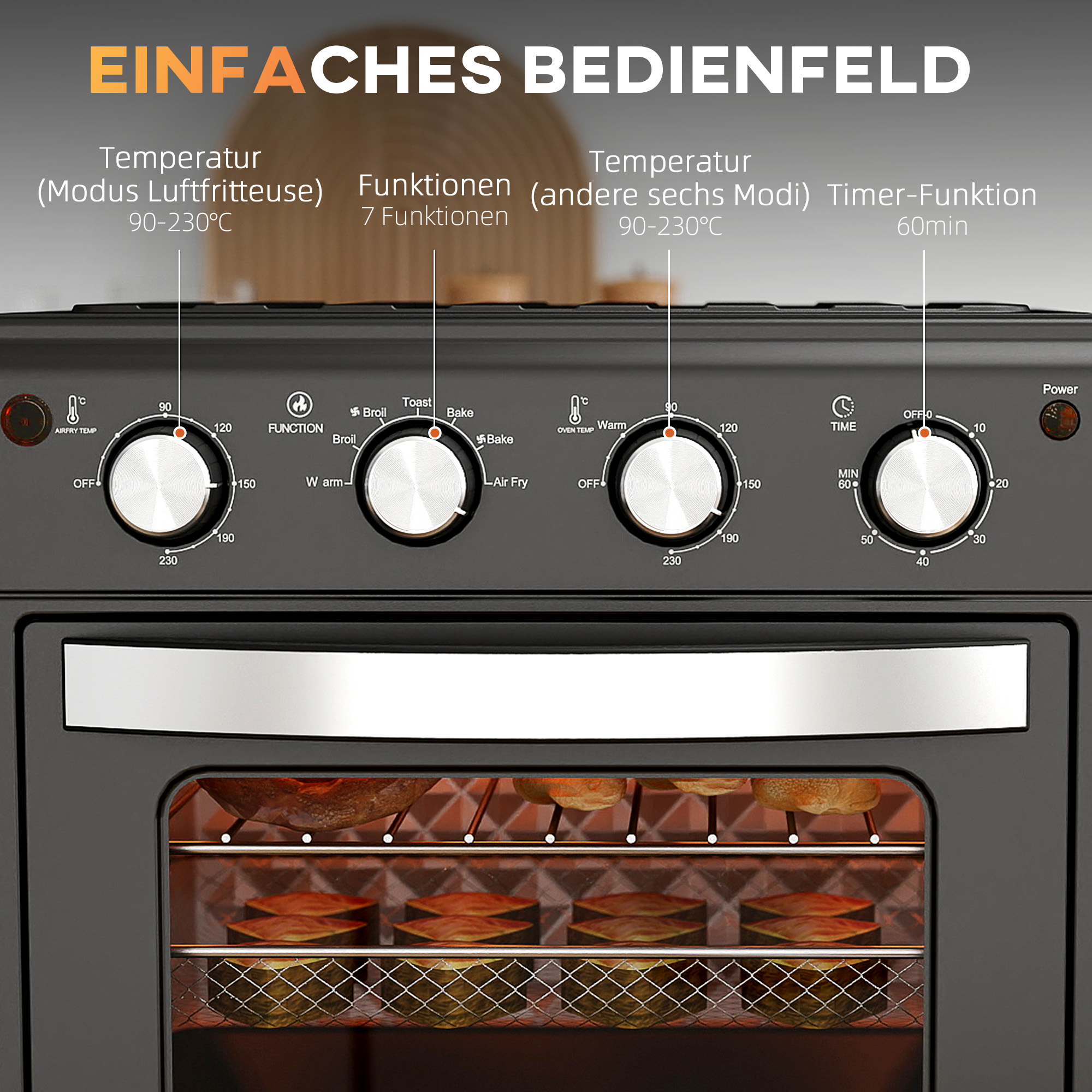Minibackofen, Heißluftfritteuse, 90-230° C, 7 Programme, Zubehör, Schwarz Minibackofen, Heißluftfritteuse, 90-230° C, 7 Programme, Zubehör, Schwarz