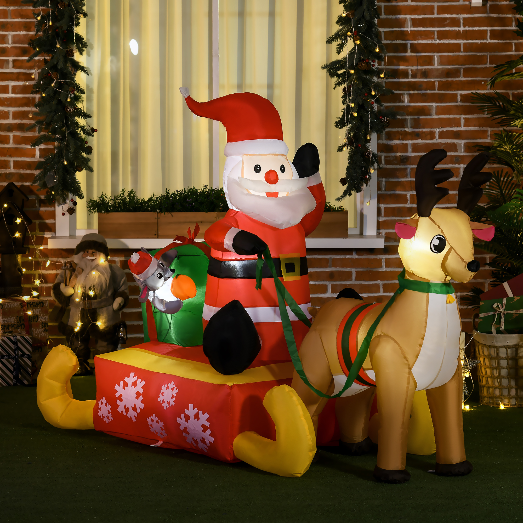 Aufblasbare Weihnachtsdeko, Weihnachtsmann mit Schlitten und Rentier, mit LED-Lichtern, für den Garten