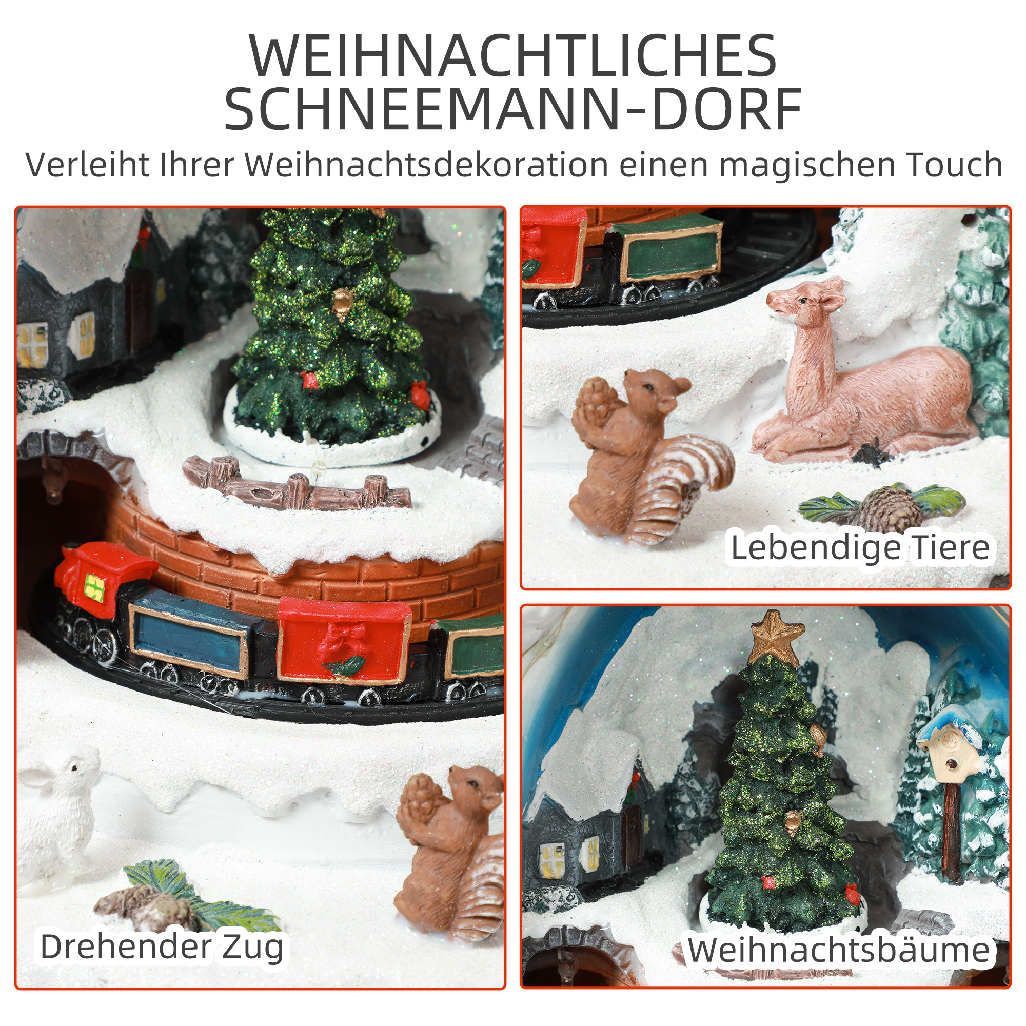Weihnachtsdorf in Schneemann-Form mit fahrendem Zug, LED-Lichtern und Musik, festliche Tischdekoration, Mehrfarbig