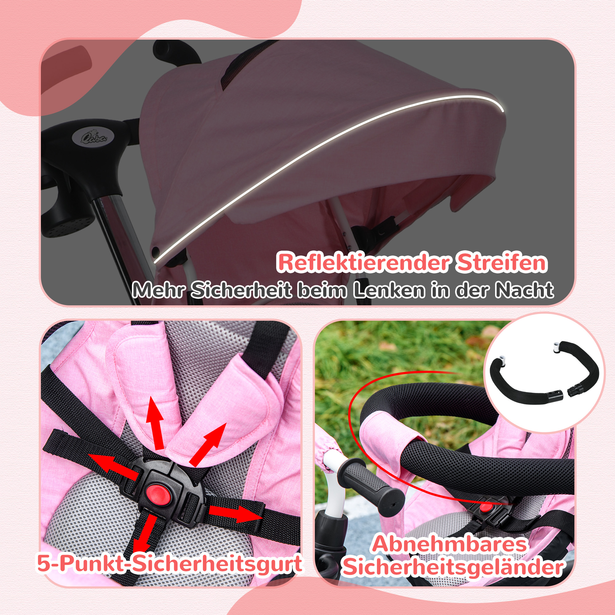 6-in-1 Kinderdreirad mit Schiebestange, Dach, Gurt, Ablagekorb, 18+ Monate, Rosa