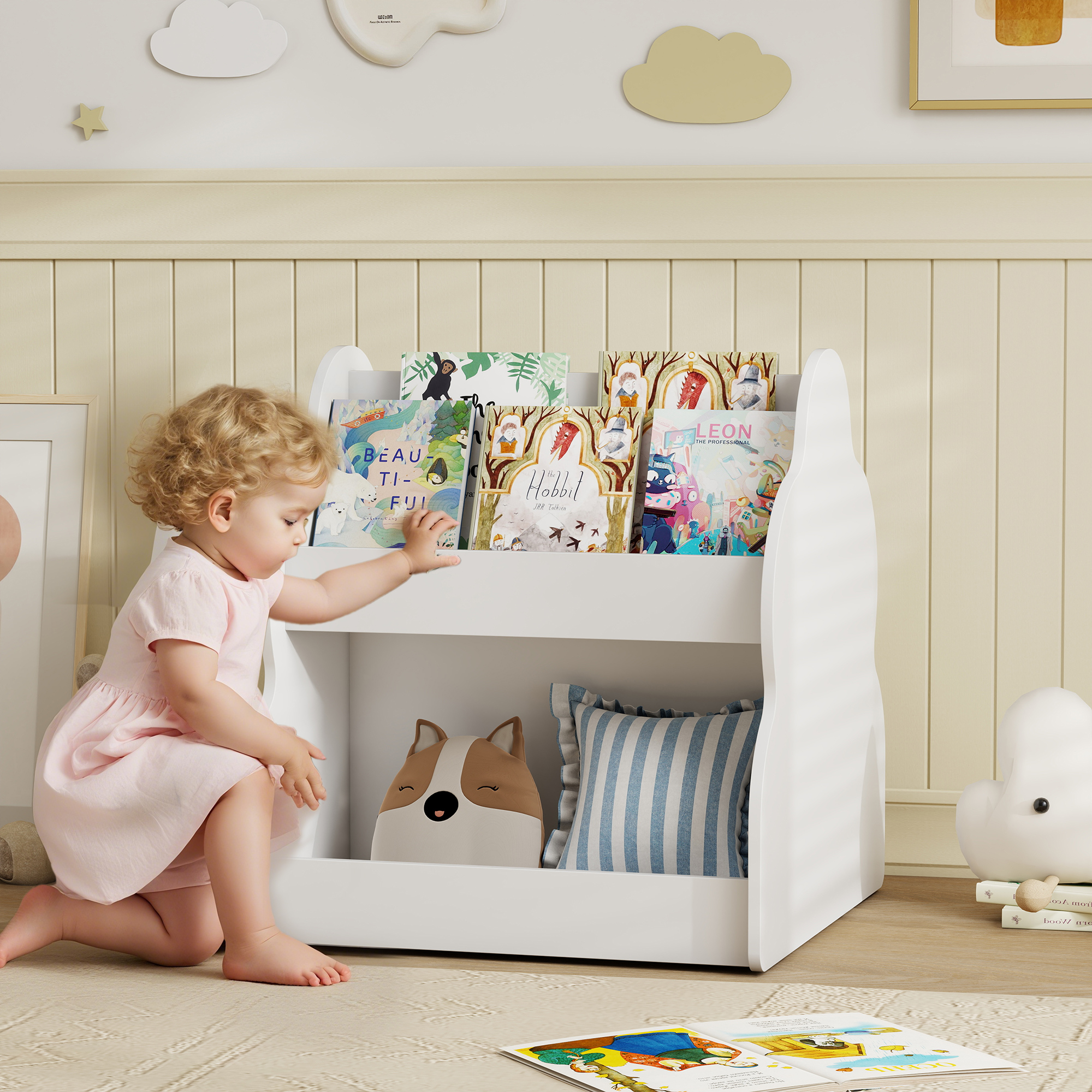 Kinderregal, 2-stöckiges Kinder-Bücherregal mit Rädern, 4 Regalen, für Kinderzimmer, Spielzimmer, 54x50x56 cm, Weiß