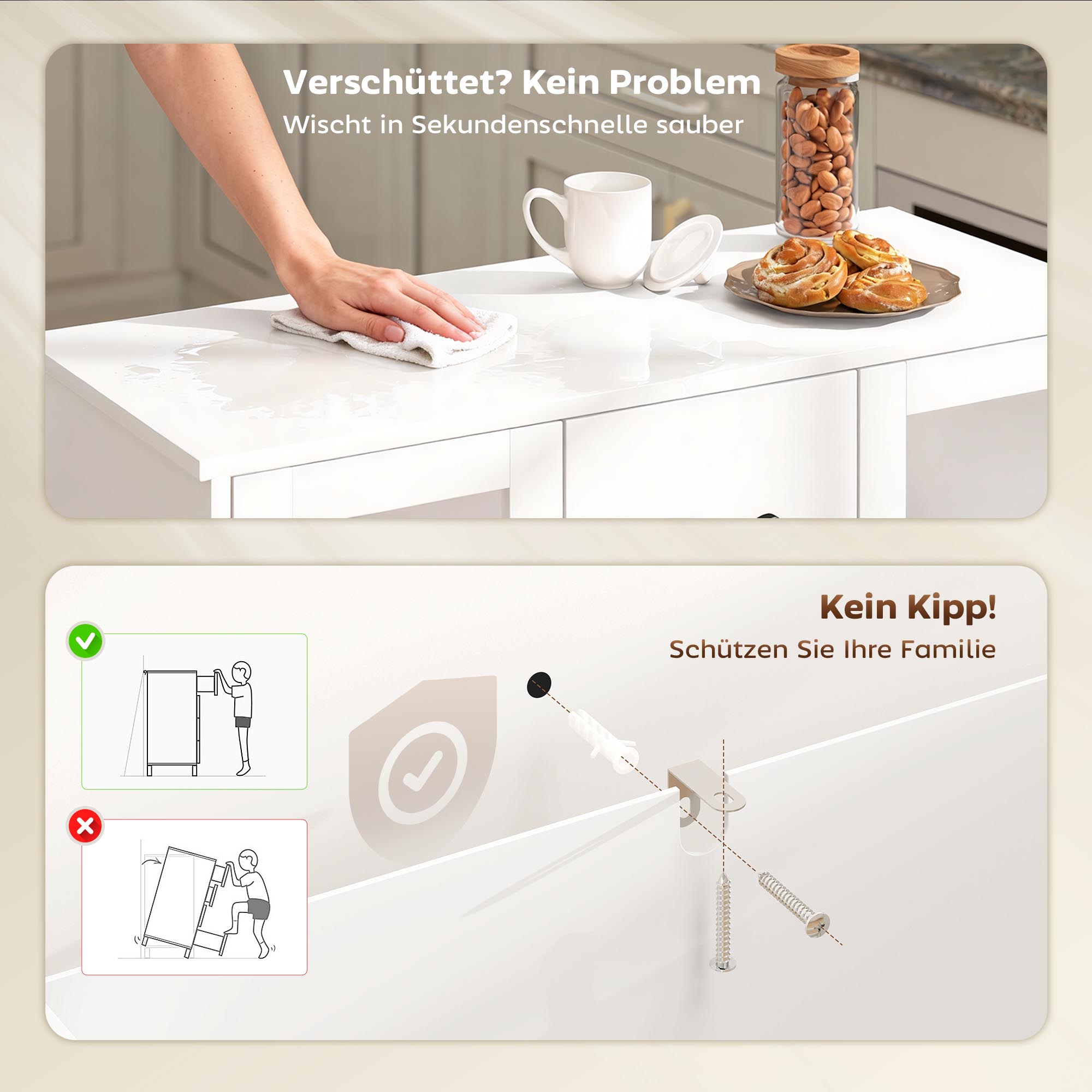 modernes Sideboard mit Soft-Close-Türen, Buffetschrank mit 3 Schubladen, 2 Glastüren, verstellbare Regale, MDF, Weiß