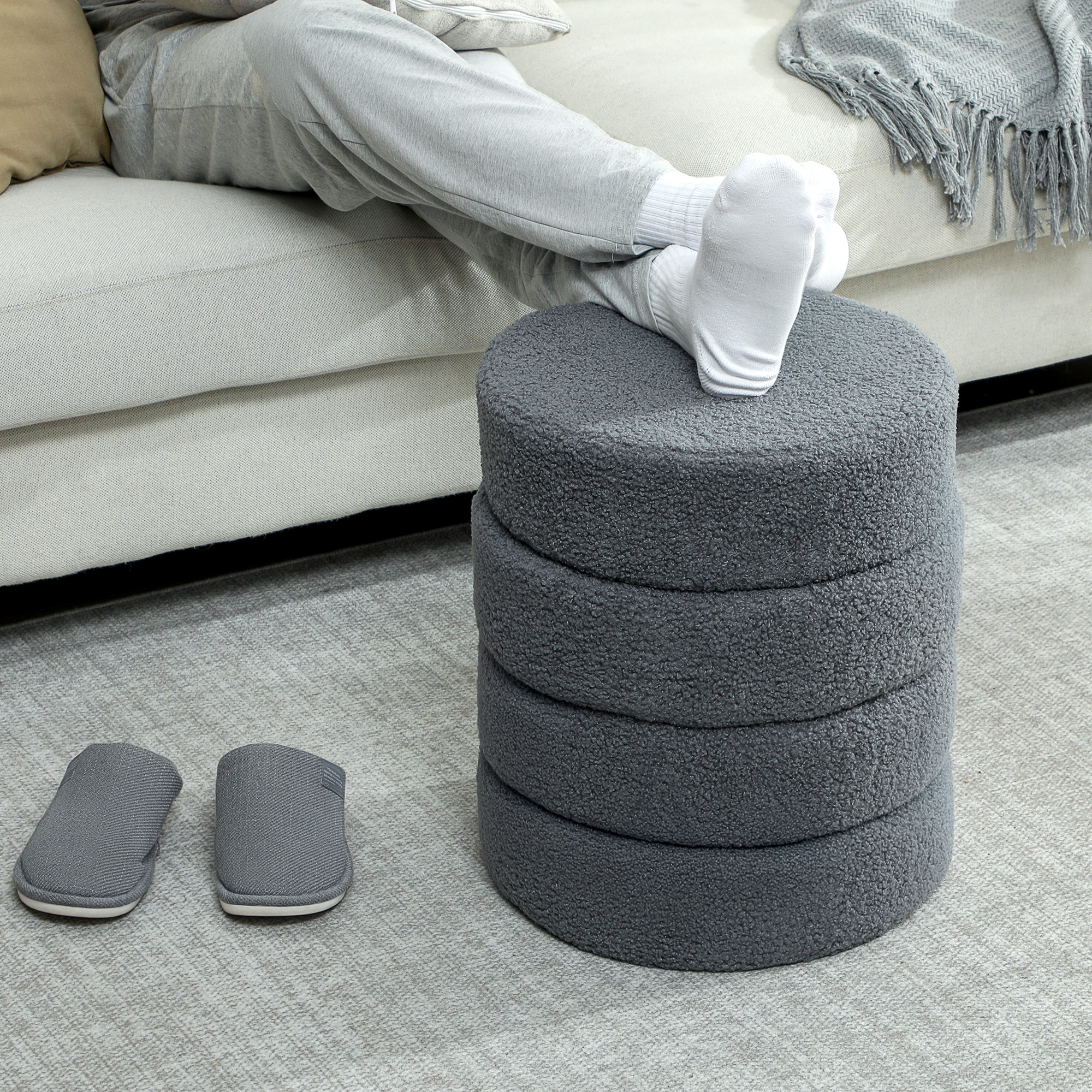 Hocker, rund, Teddyfleece, bis 120kg, ?40x45H cm, Dunkelgrau