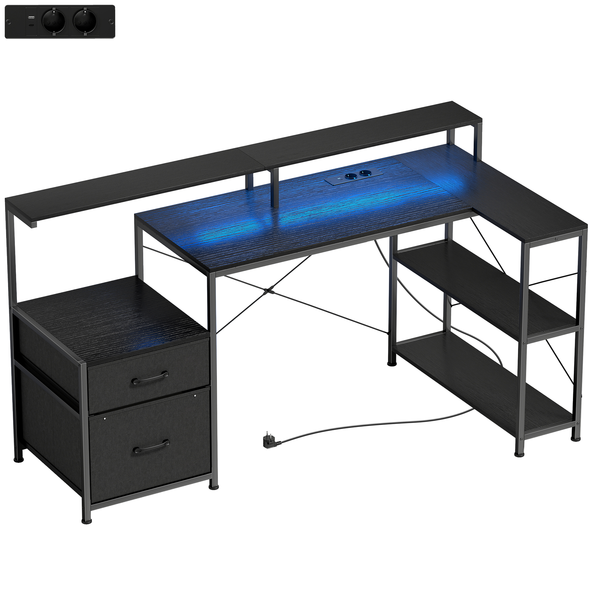 Gaming Tisch L-förmiger Schreibtisch mit LED & Steckdosen, mit Doppelmonitorständer, 165x80x91,5 cm, Schwarze Holzoptik
