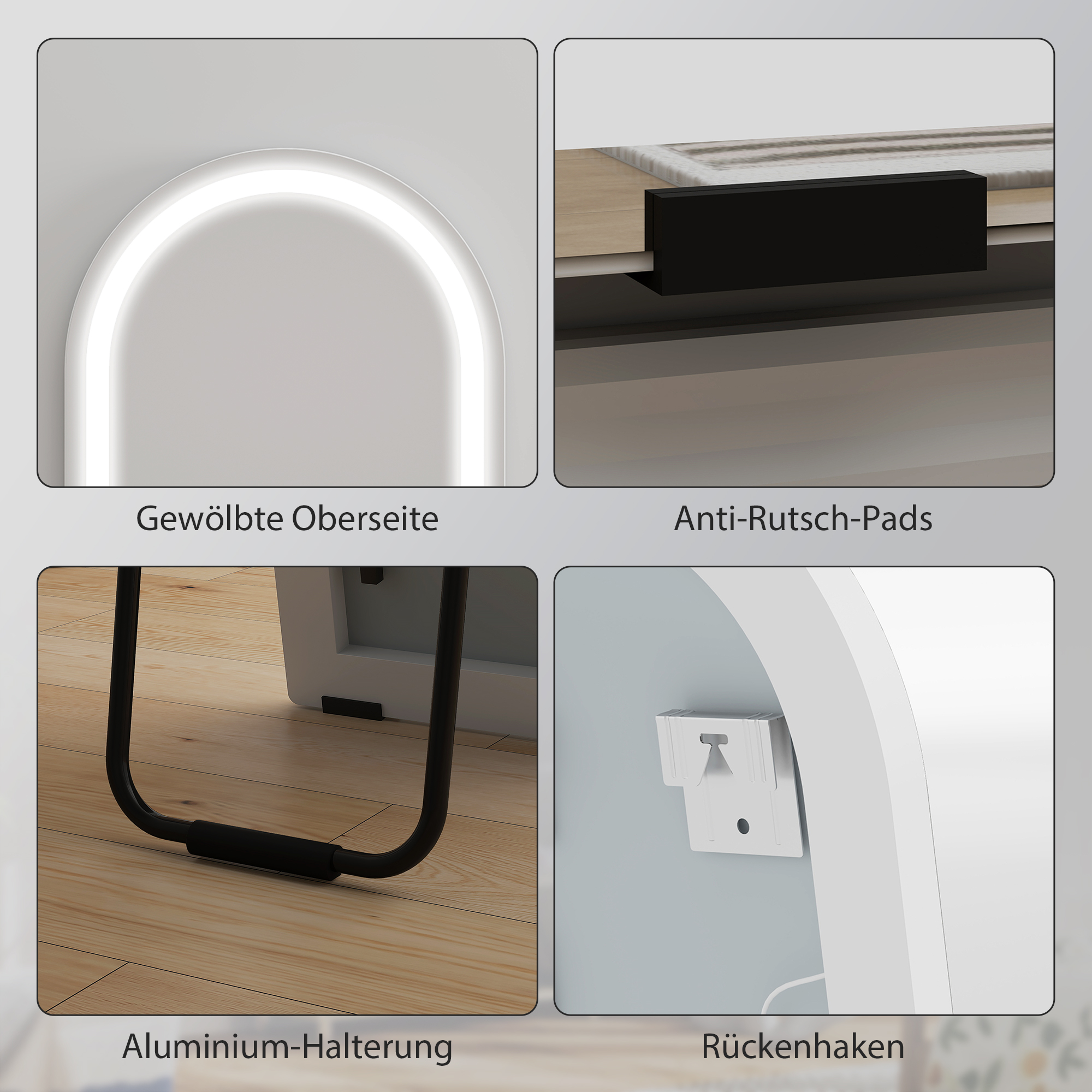 Ganzkörperspiegel mit LED-Lichtern, 150 x 40 cm, bogenförmig, dimmbar, 3 Lichtfarben, freistehend oder Wandmontage, Weiß