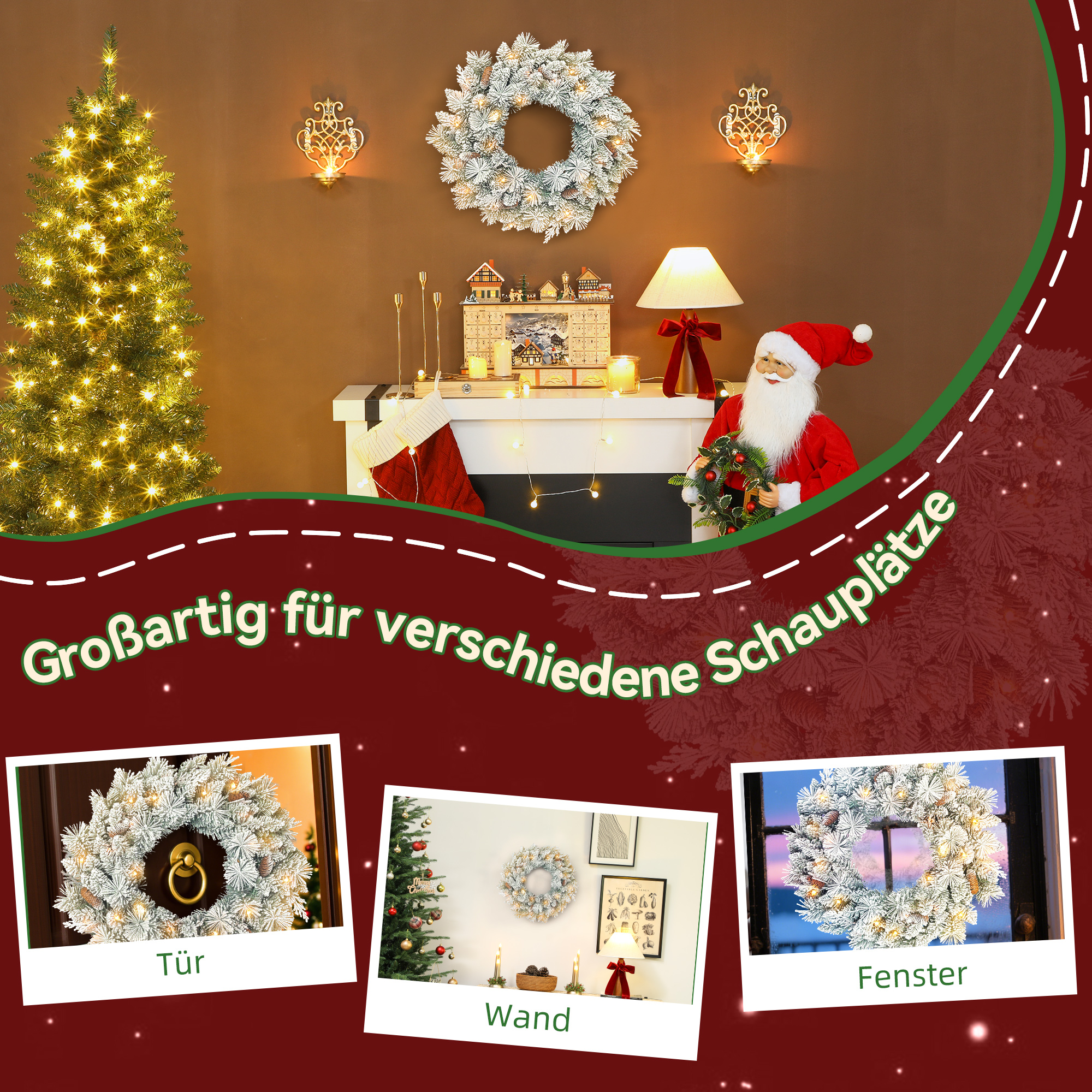 Tannenkranz Weihnachtskranz mit LED-Lichterkette, Tannenzapfen, Türkranz Grün+Weiß, Ø60 x 8 cm