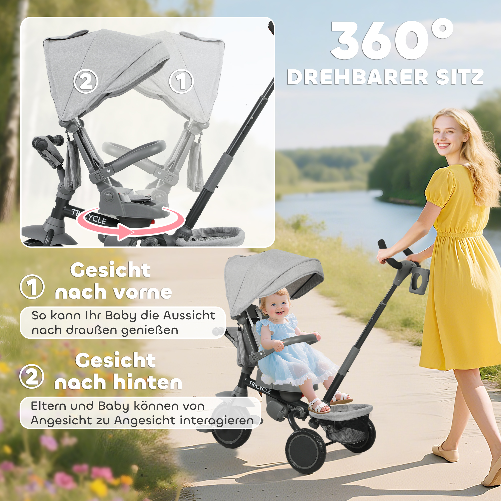 Kinderdreirad, 6-in-1 Buggy für Kleinkinder, mit Schiebegriff, verstellbarer Sitz, faltbares Design, Sicherheitsnetz, Grau