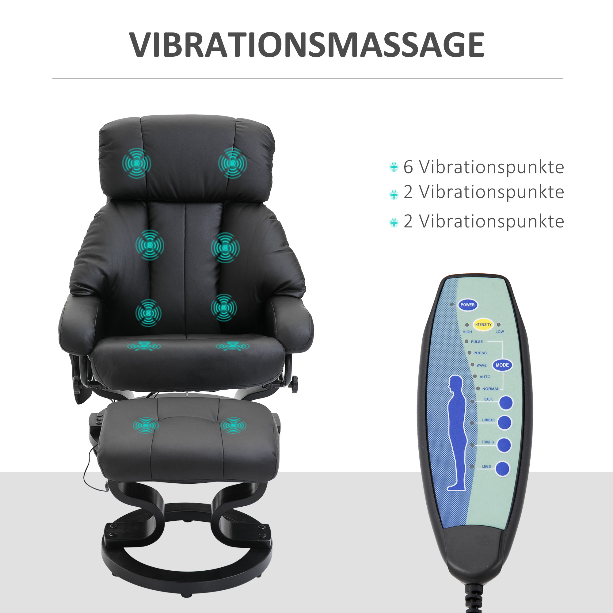 Massagesessel mit Fußhocker, 10 Vibrationspunkte, 145° verstellbare Rückenlehne, Schwarz
