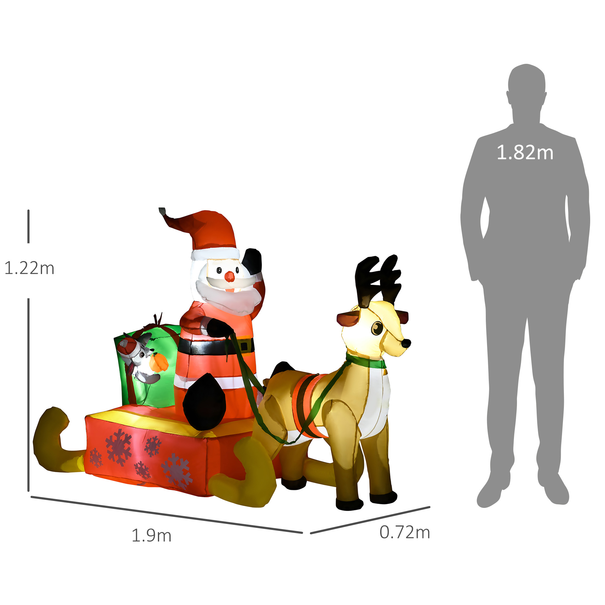 Aufblasbare Weihnachtsdeko, Weihnachtsmann mit Schlitten und Rentier, mit LED-Lichtern, für den Garten