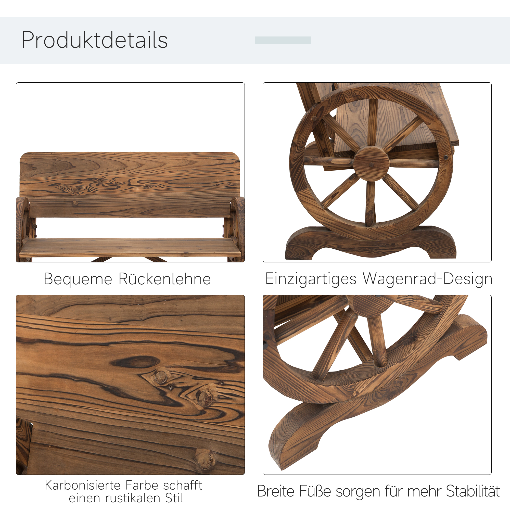 2-Sitzer Gartenbank Massivholz mit Armlehne, Sitzbank mit Wagenräder-Design, Gartenmöbel 250kg belastbar, Rustikale Bank, 114 x 58 x 80 cm, Braun