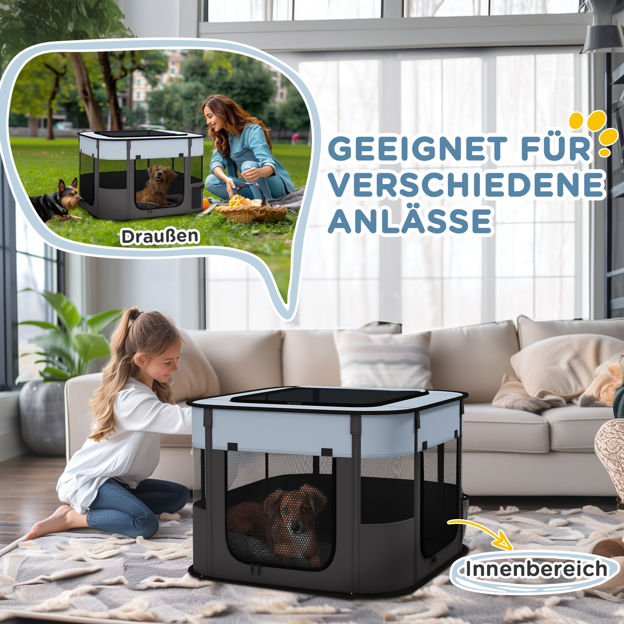 Spielgehege für Haustiere, faltbar, mit Aufbewahrungstasche, für Welpen und Kätzchen, drinnen und draußen, Grau