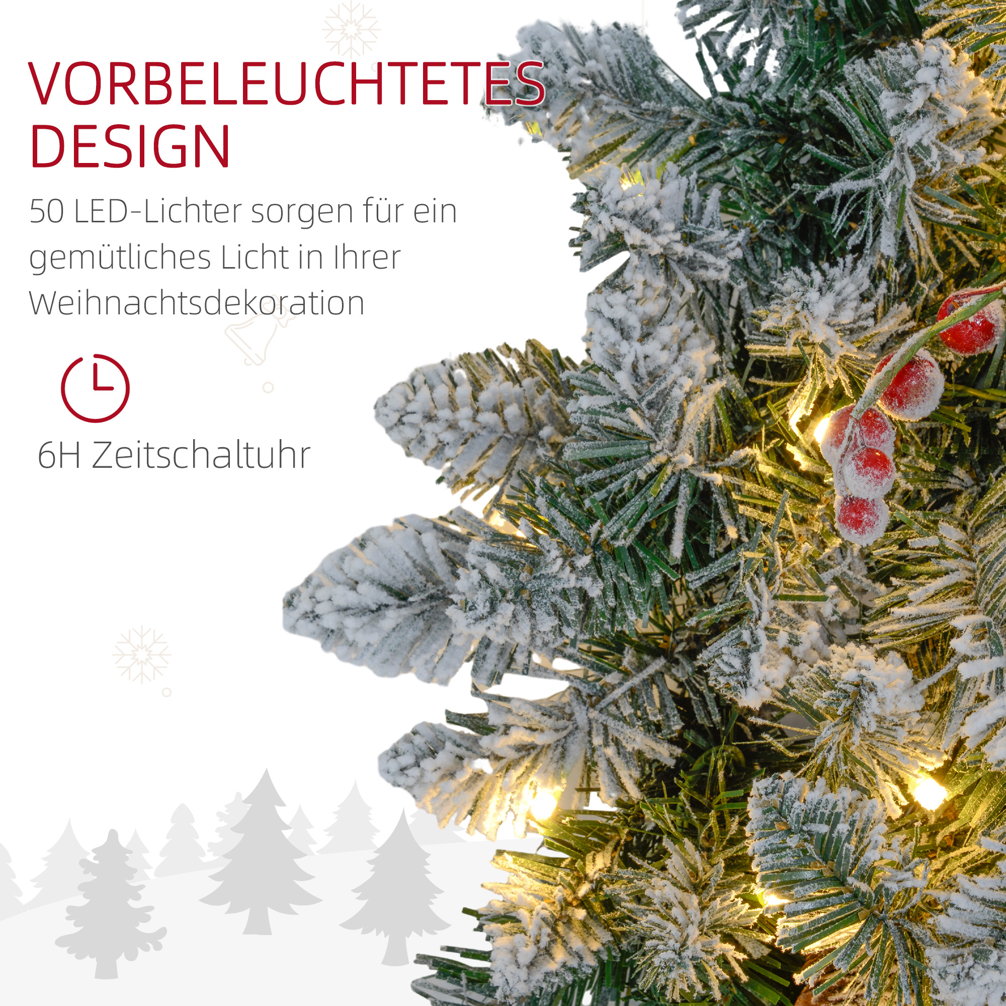 Weihnachtskranz mit LED-Beleuchtung, roten Beeren, realistisches Aussehen, Ø60 x 10 cm, Grün
