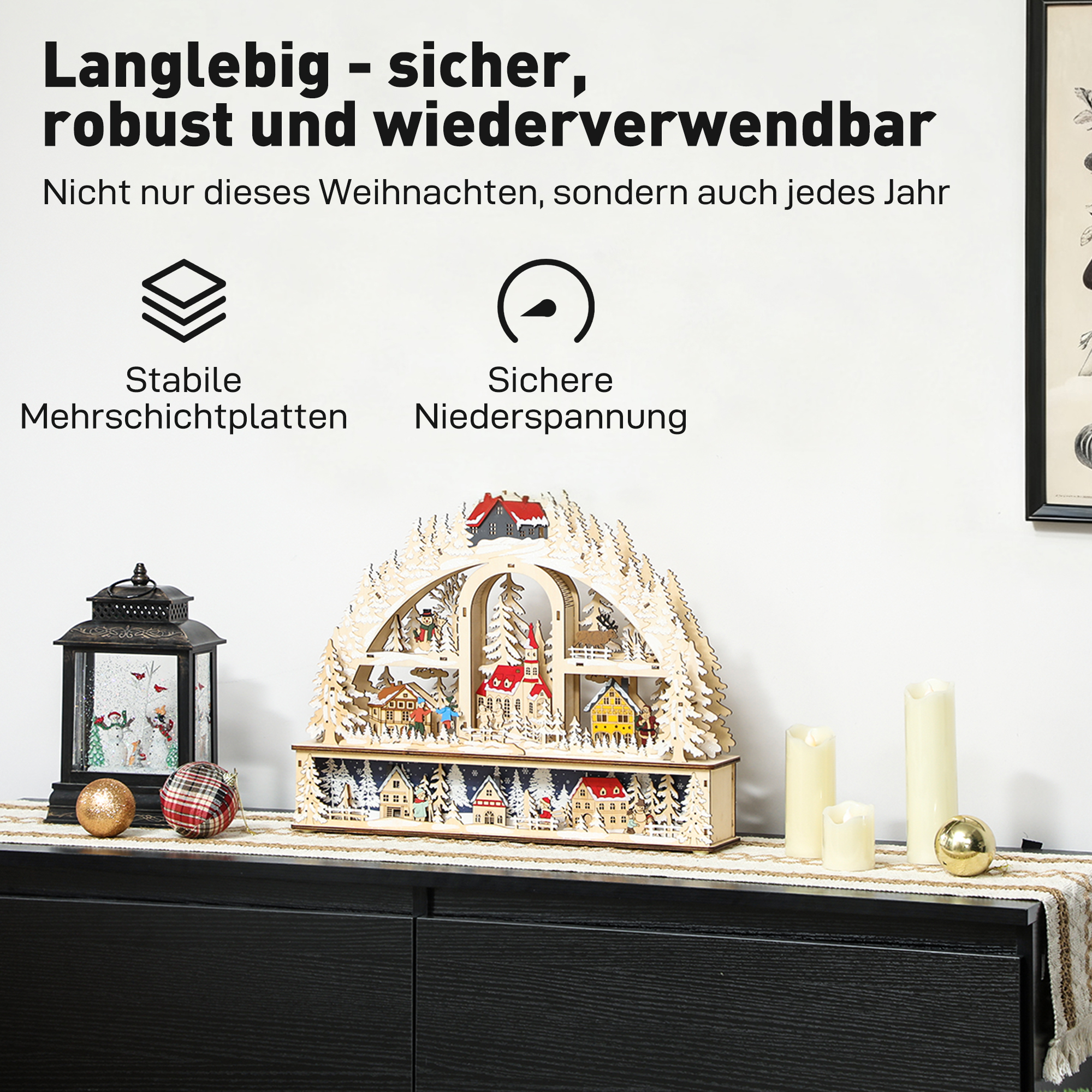 Weihnachtsdorf mit LED-Leuchtung, 45 cm Weihnachtsstadt mit Schneemann, Renntier und Bäume Naturholz