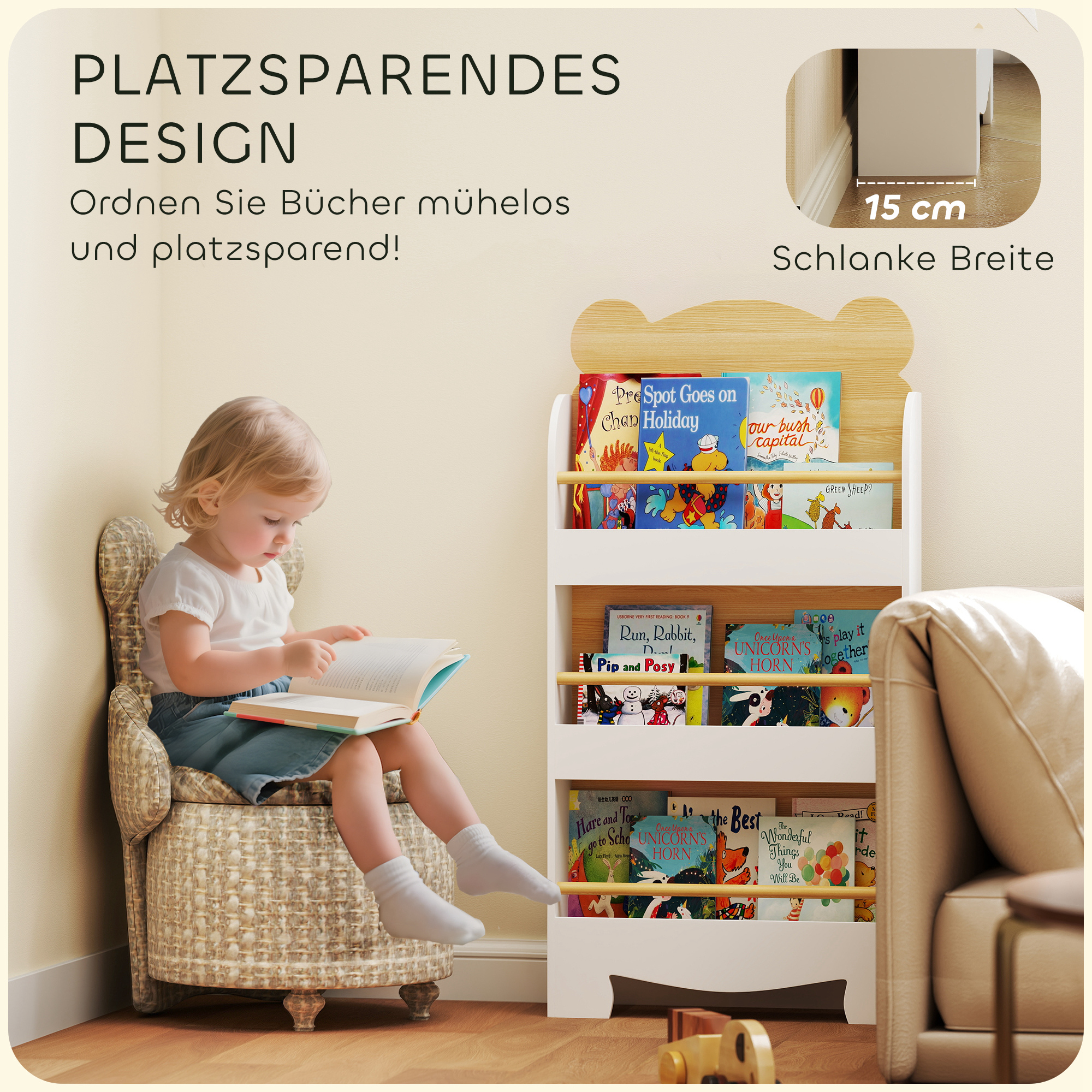 Bücherregal für Kinder Kinderregal mit 3 Ablagen Aufbewahrungsregal aus Holz 55x15x110cm Weiß