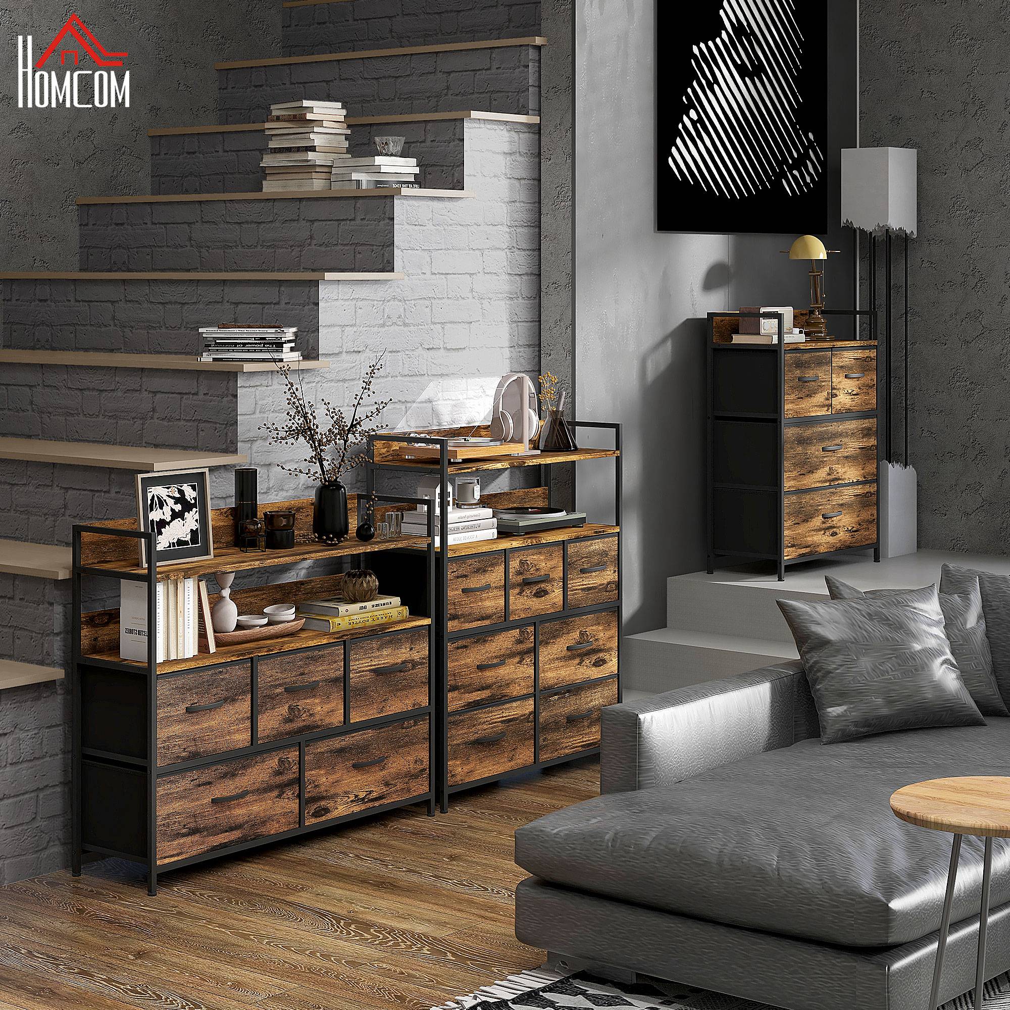 Kommode, Sideboard, 4 Stoffschubladen, Industrial Design, 60x29x85cm, Braun/Schwarz