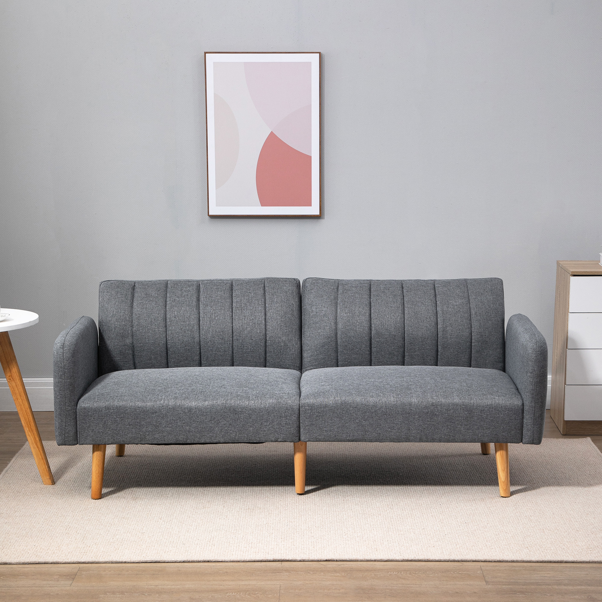 Schlafsofa, 2-Sitzer Stoffsofa, Sofa mit Schlaffunktion, leinenartiges Polyester, Kautschukholz, 173 x 75 x 73 cm, Grau