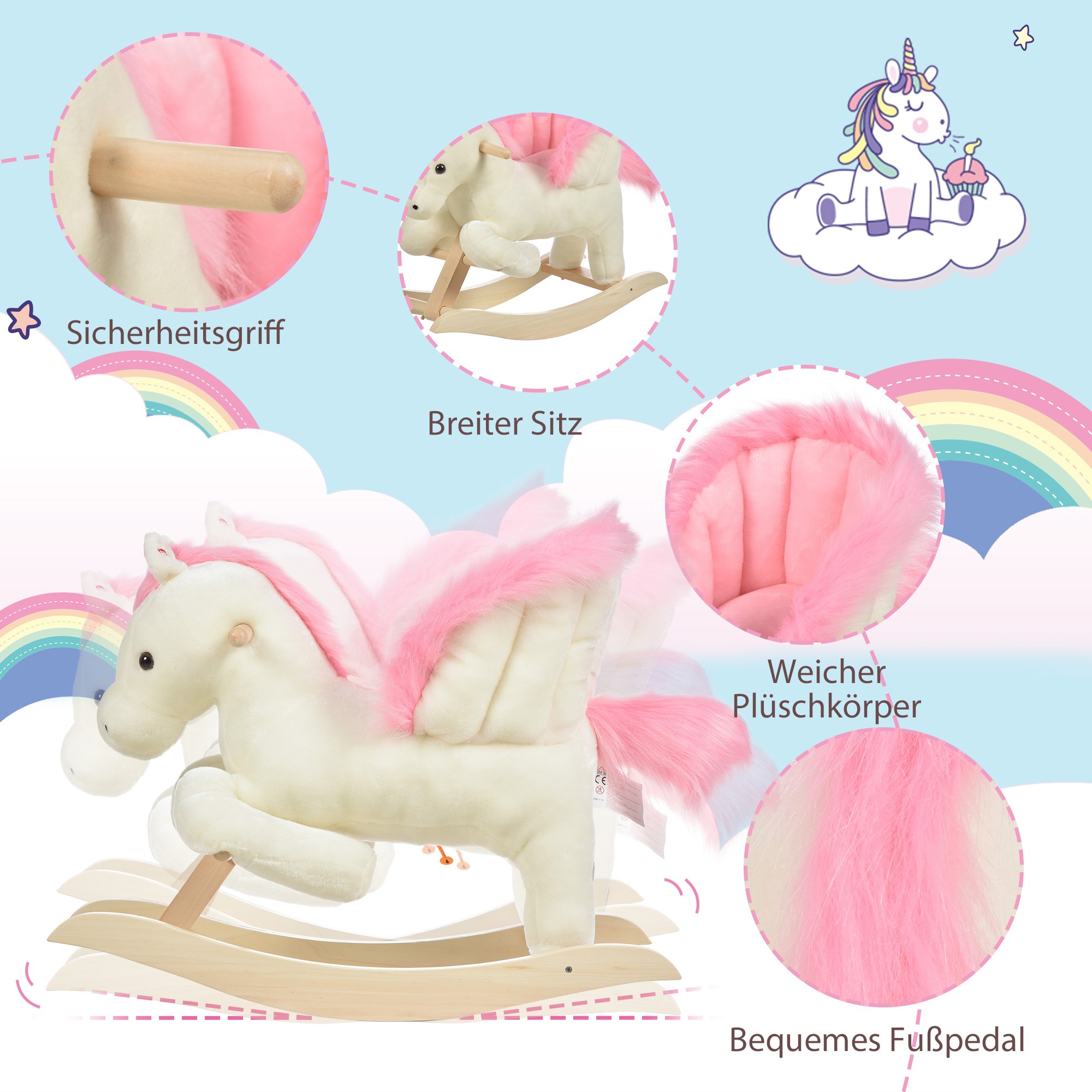 Schaukelpferd Schaukeltier mit Sound Effekt, Haltegriffen, Plüsch Baby Schaukelspielzeug Schaukel Schaukelsitz für Kleinkinder 1,5-3 Monate