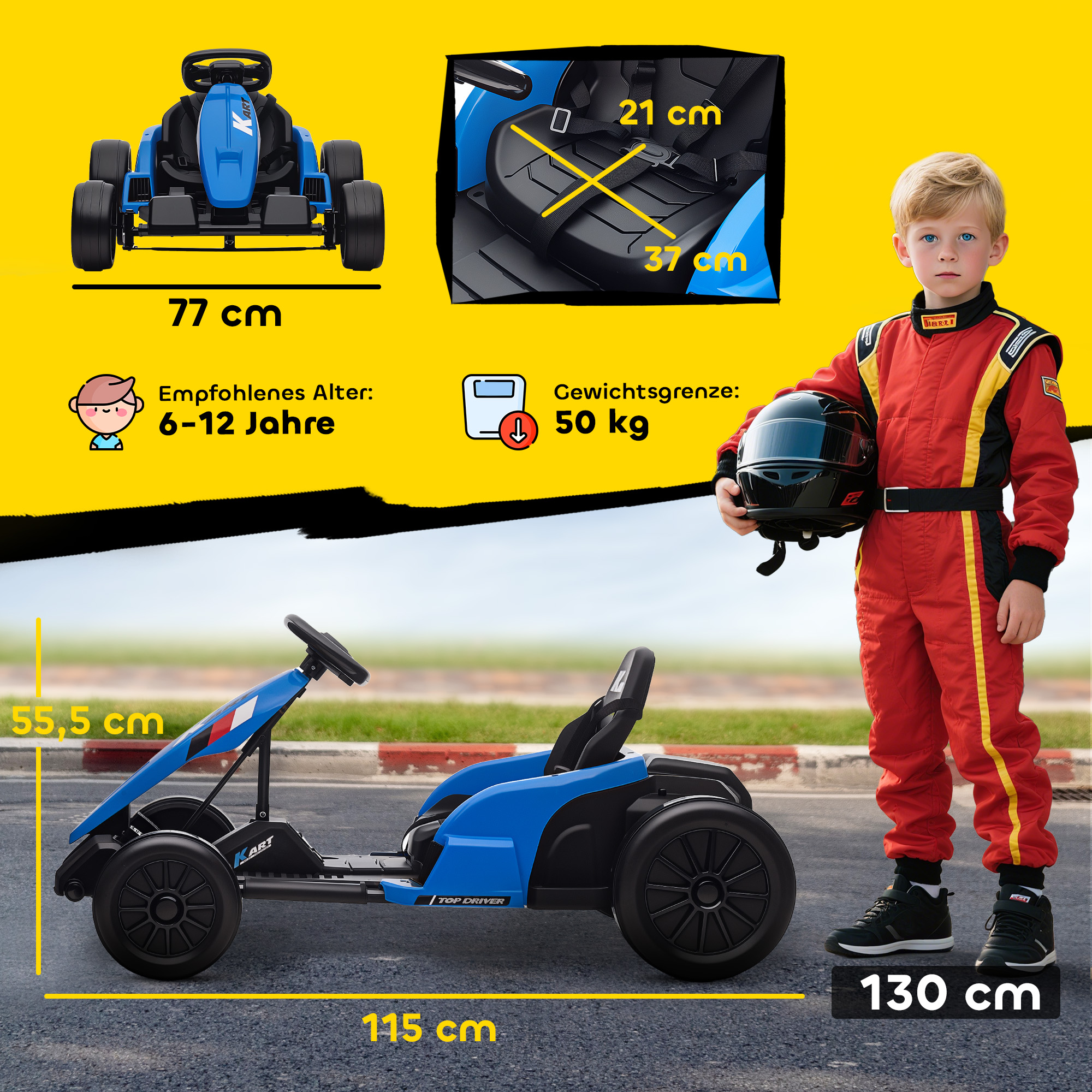 24V elektrisches Go-Kart, Drift-Modus, verstellbarer Sitz, 5-Punkt-Sicherheitsgurt, Musikfunktion, Hupe, 6-12 Jahre Blau