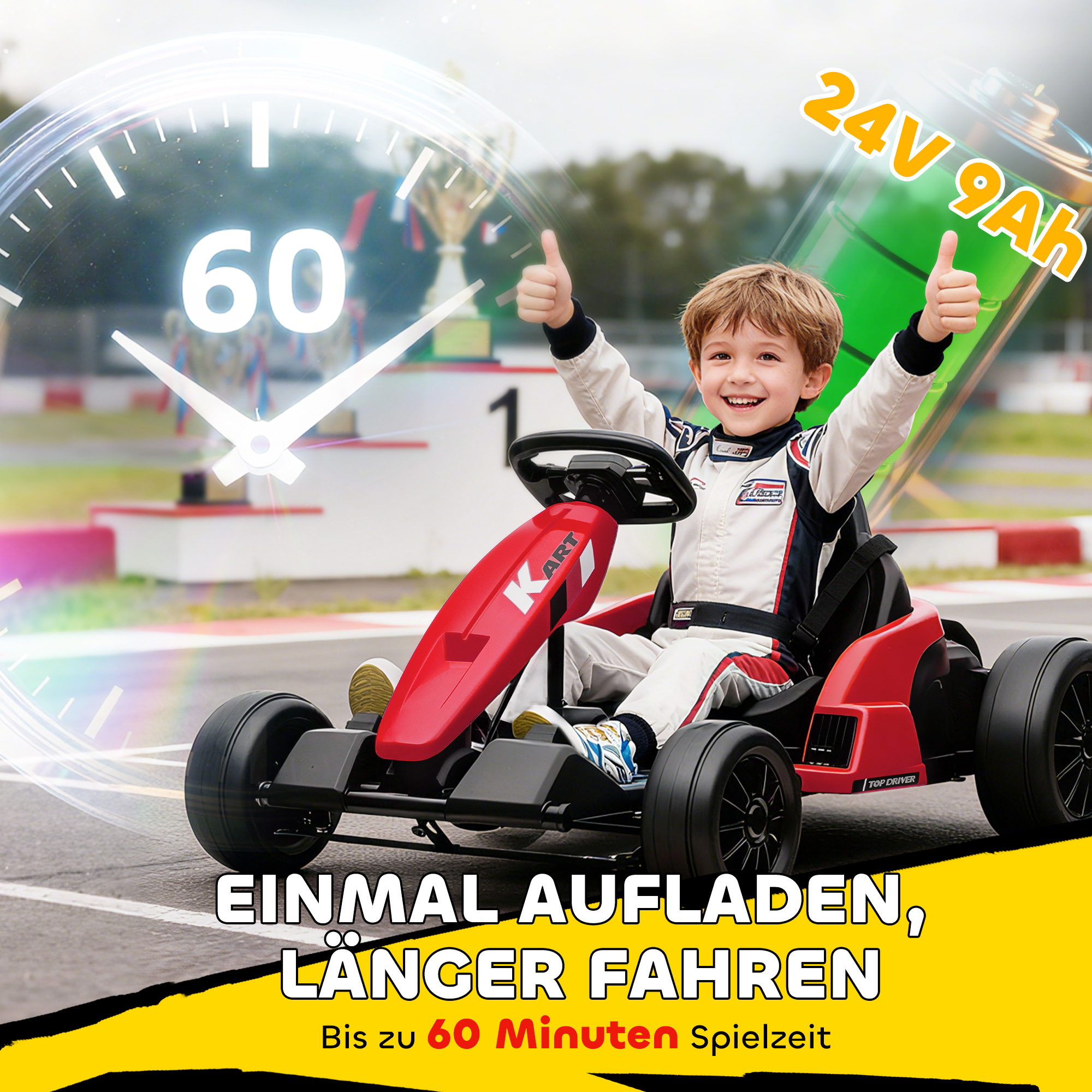 24V elektrisches Go-Kart, Drift-Modus, verstellbarer Sitz, 5-Punkt-Sicherheitsgurt, Musikfunktion, Hupe, 6-12 Jahre Rot