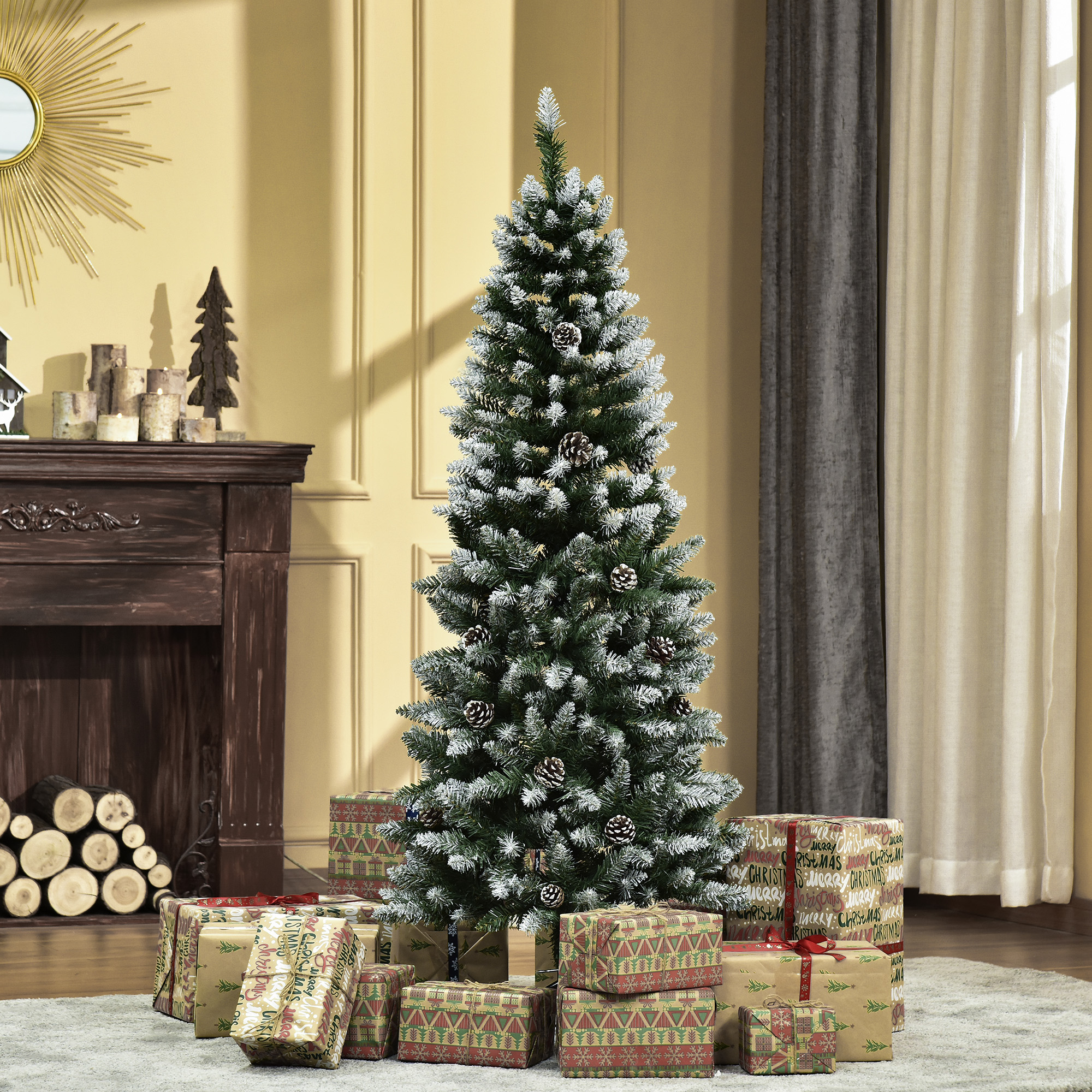 Künstlicher Weihnachtsbaum, 630 Zweige, 37 Zapfen, verschneite Spitzen, feuerfest, 150 cm
