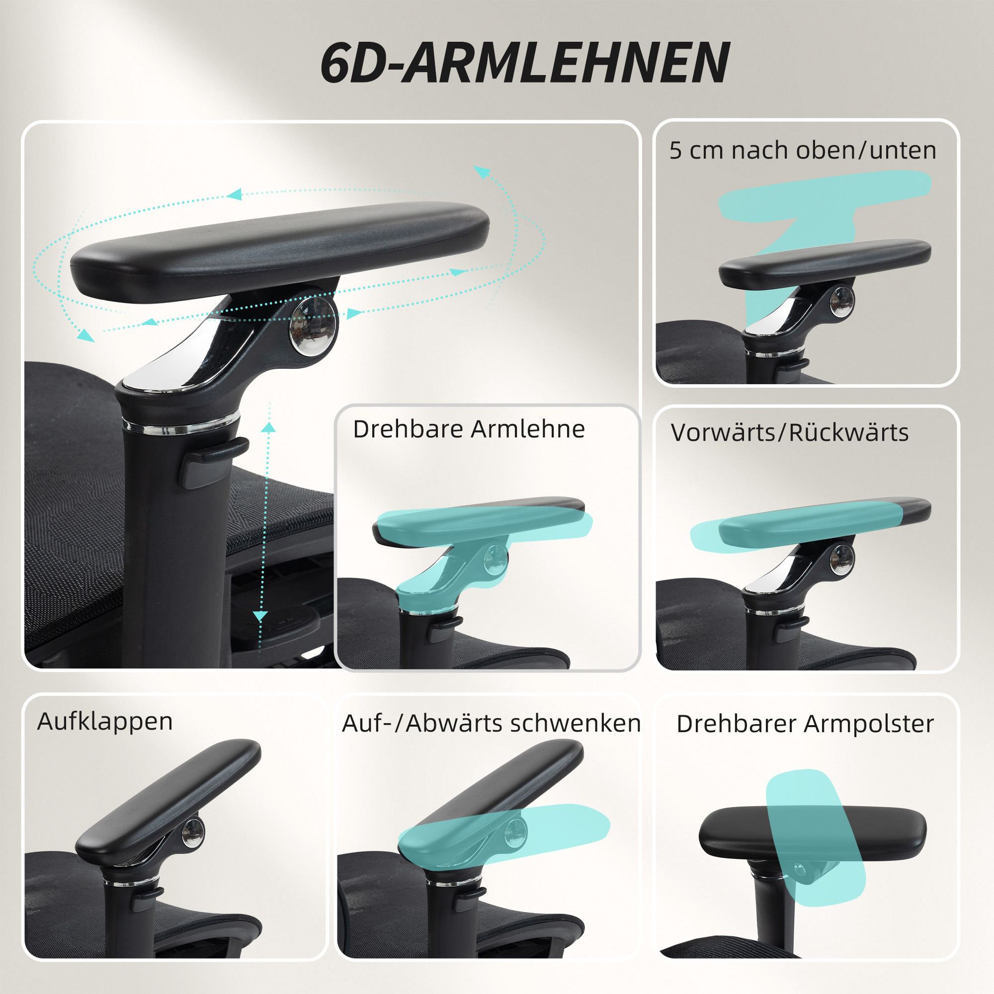 Bürostuhl Ergonomisch Schreibtischstuhl mit verstellbar Lenden- und Kopfstütze 6D-Klapparmlehnen Fußstütze Netz Schwarz