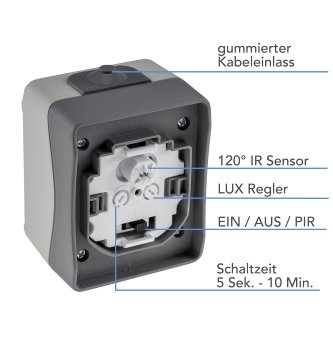 NUQUI Feuchtraum PIR Bewegungsmelder - 120°, bis 6m,  250V~, 2-500W, IP54