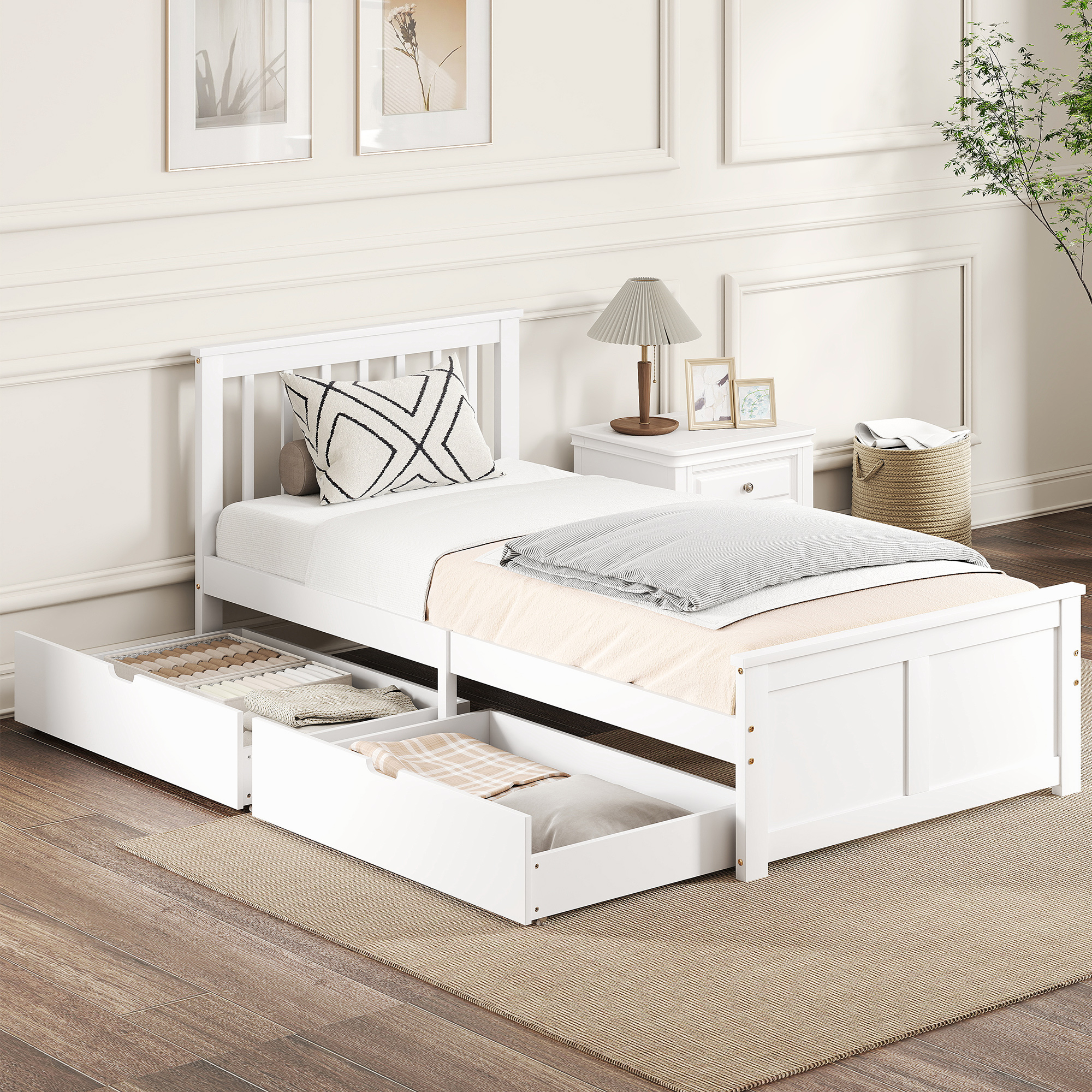 Einzelbettgestell, Bettrahmen aus Holz, Schubladen auf Rädern, kein Lattenrost notwendig, 90 x 200 cm, Weiß