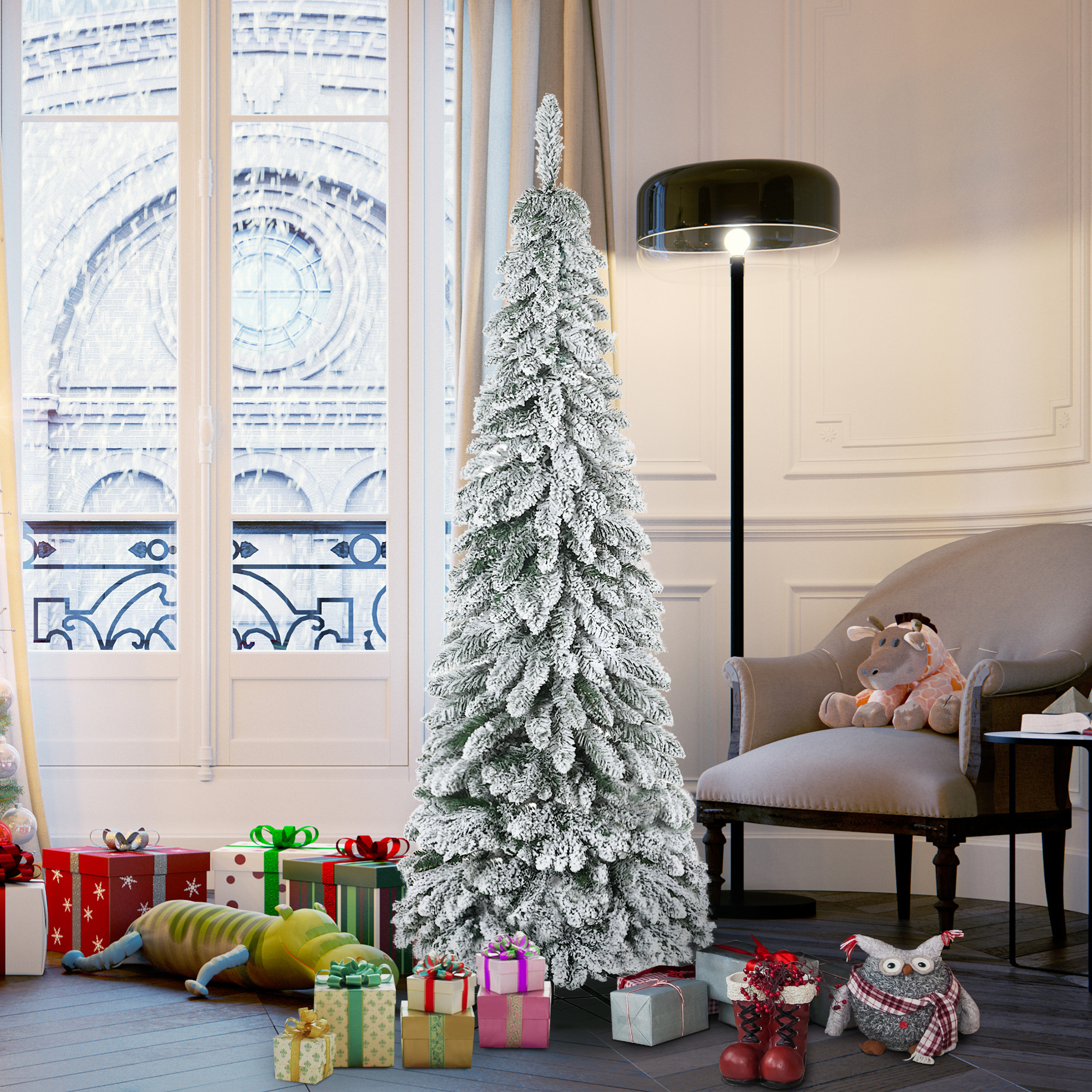 Künstlicher Weihnachtsbaum, 1,80 m, mit 523 Zweigen, Kunstschnee, lebensechtes Aussehen, schlanke Form