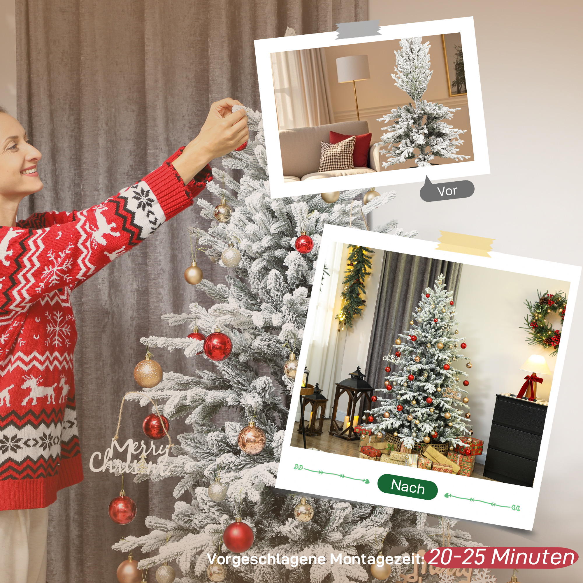 Künstlicher Weihnachtsbaum, 180cm Christbaum mit Schnee, 1815 Zweigen, klappbarem Metallständer