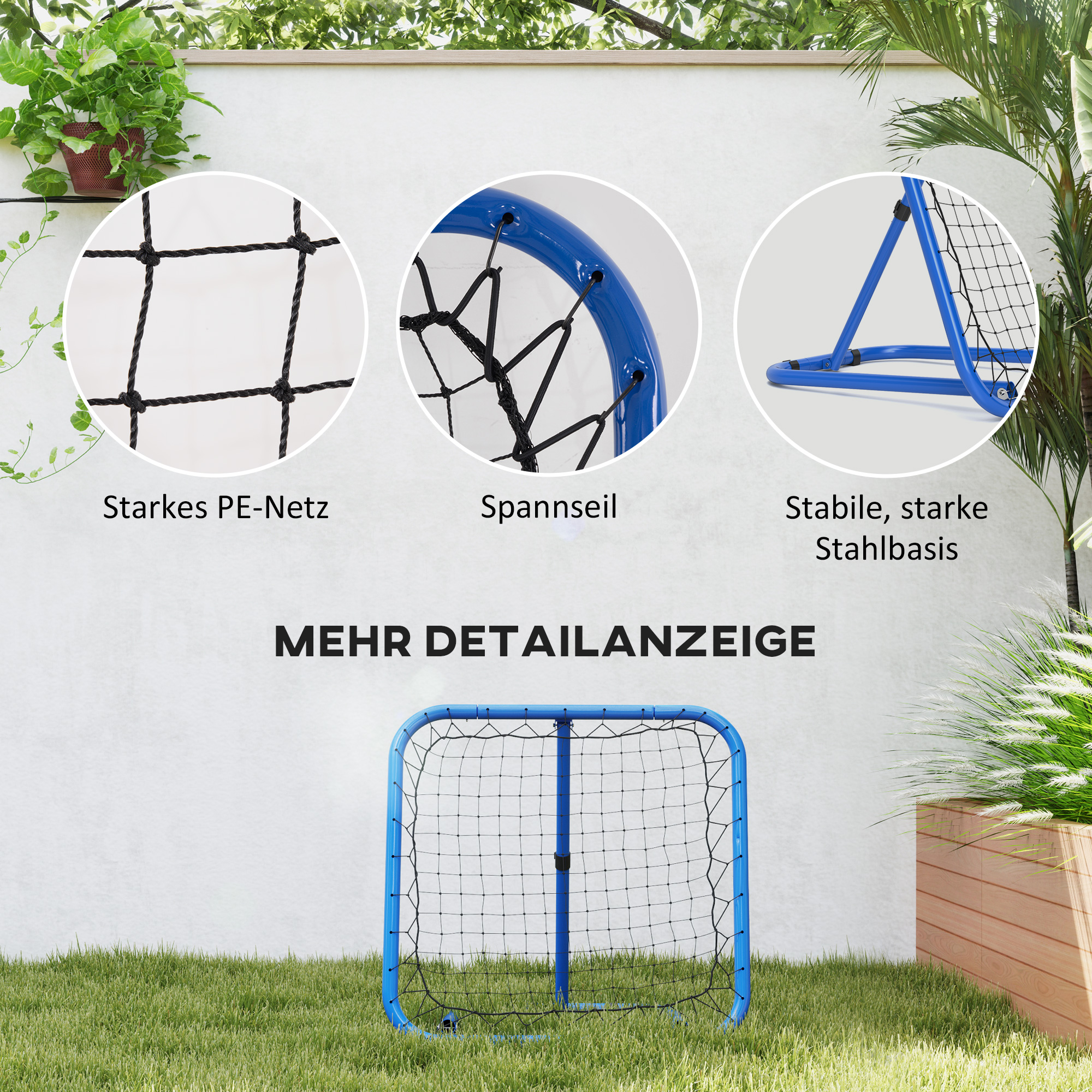 Fußball Rebounder-Netz, klappbar, Rückprallwand, Verstellbar in 5 Stufen, Metall, 78 x 84 x 65-78 cm, Blau