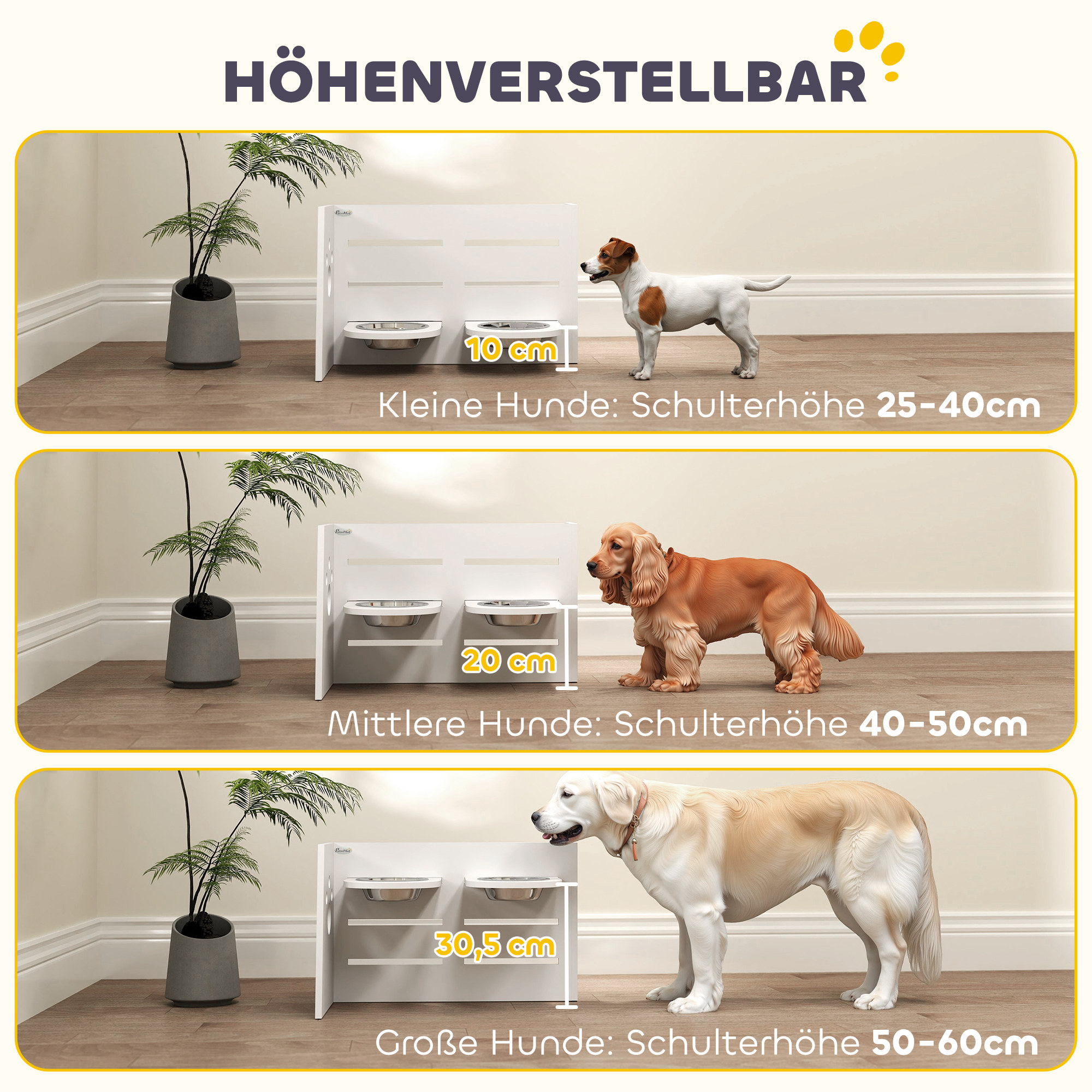 Hundefutternapf-Gestell, verstellbare Futternäpfe mit separatem Design, 2 Edelstahlschüsseln, Anti-Schling-Matte, Weiß