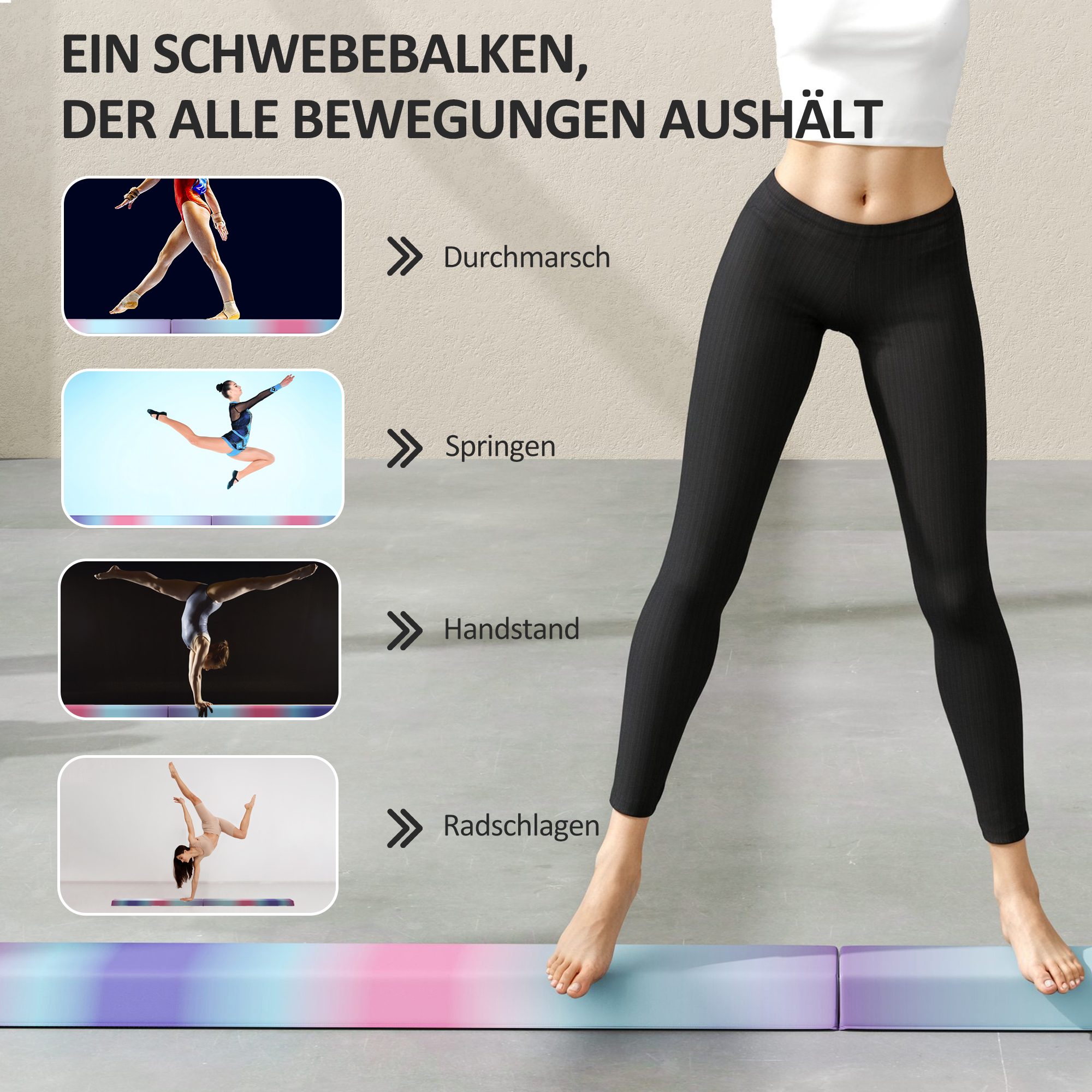 Schwebebalken 2,4 m, faltbar, rutschfester Boden, für 3+ Jahre, bis 80 kg, Mehrfarbig