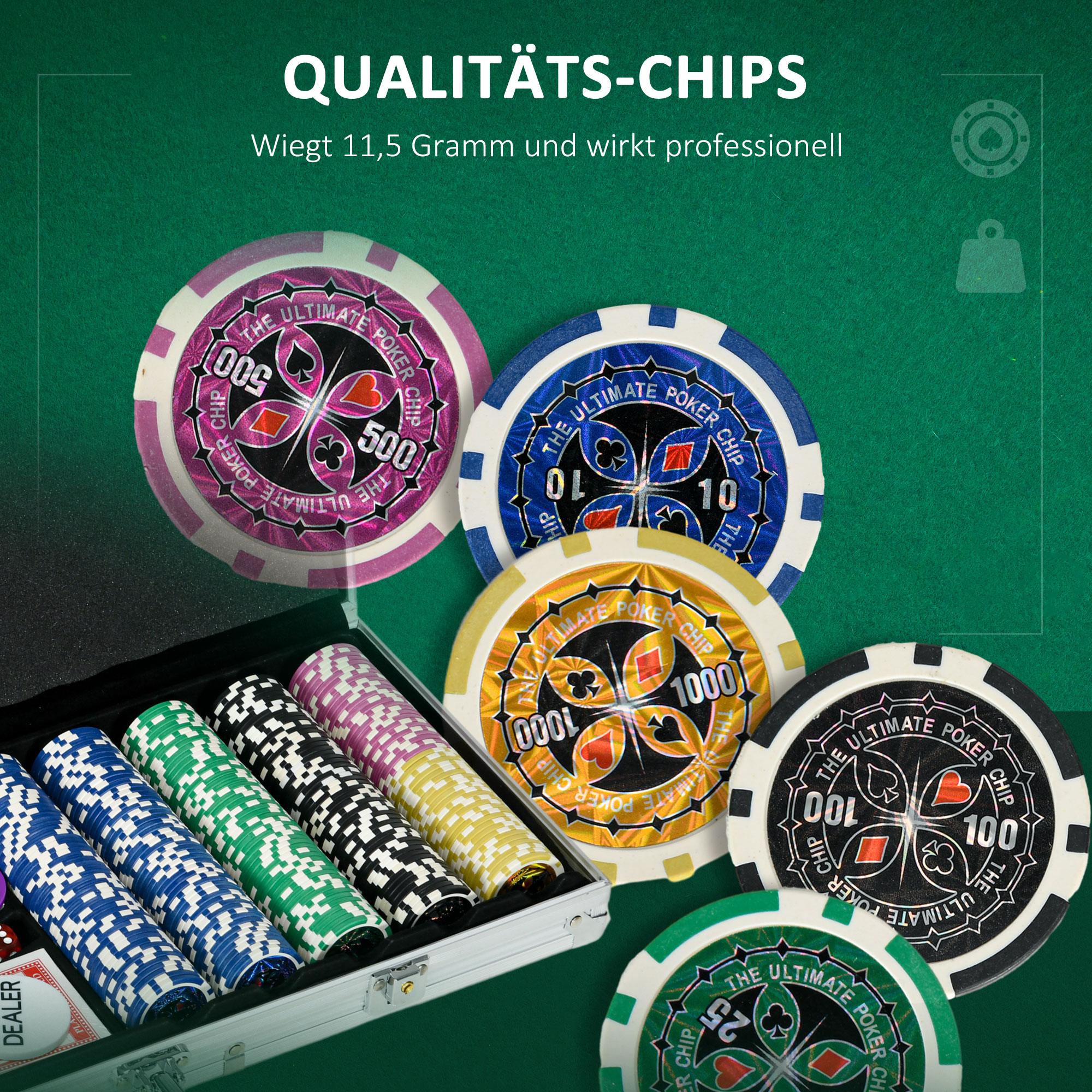 Casinozubehör und Chips Pokerset mit Chips Pokerchip-Koffer, inkl. Unterlage,  500 Chips, Set für 9-10 Spieler, Silber