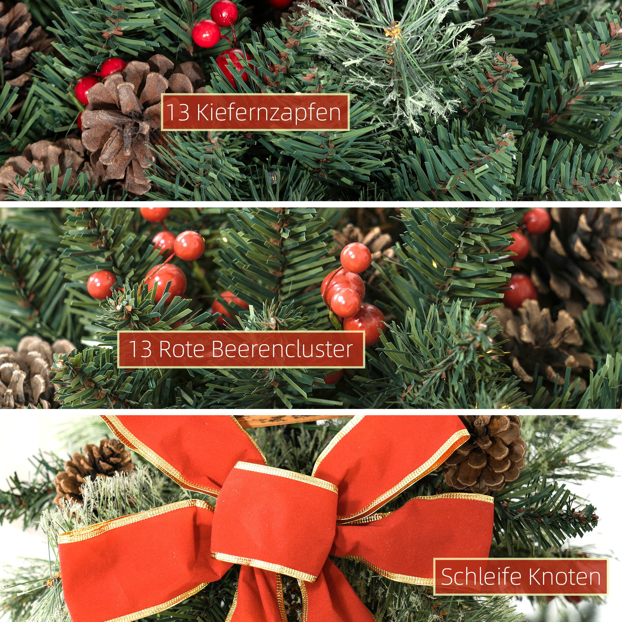 Weihnachtslaterne mit Beeren, Zapfen & Schleife, LED-Lichter, Metallmast, 150 cm