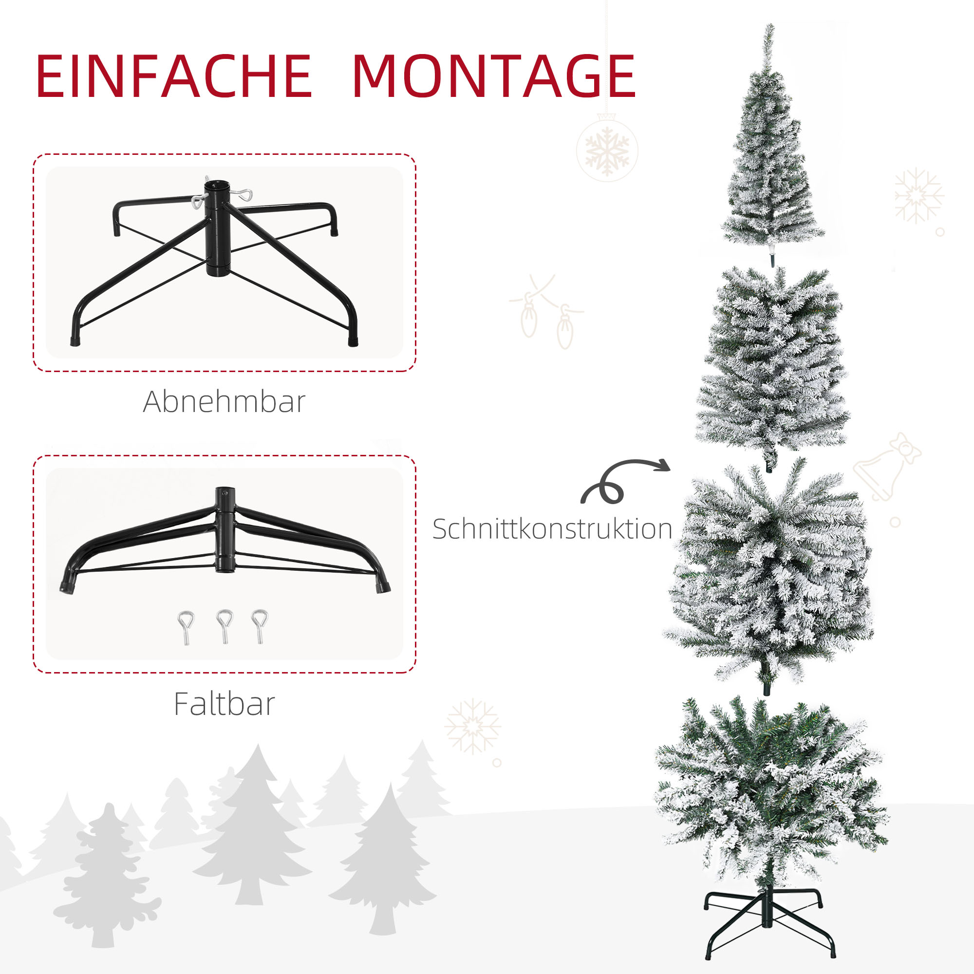 Künstlicher Weihnachtsbaum 180 cm Bleistift Kiefernbaum mit Schnee, 492 Spitzen für drinnen
