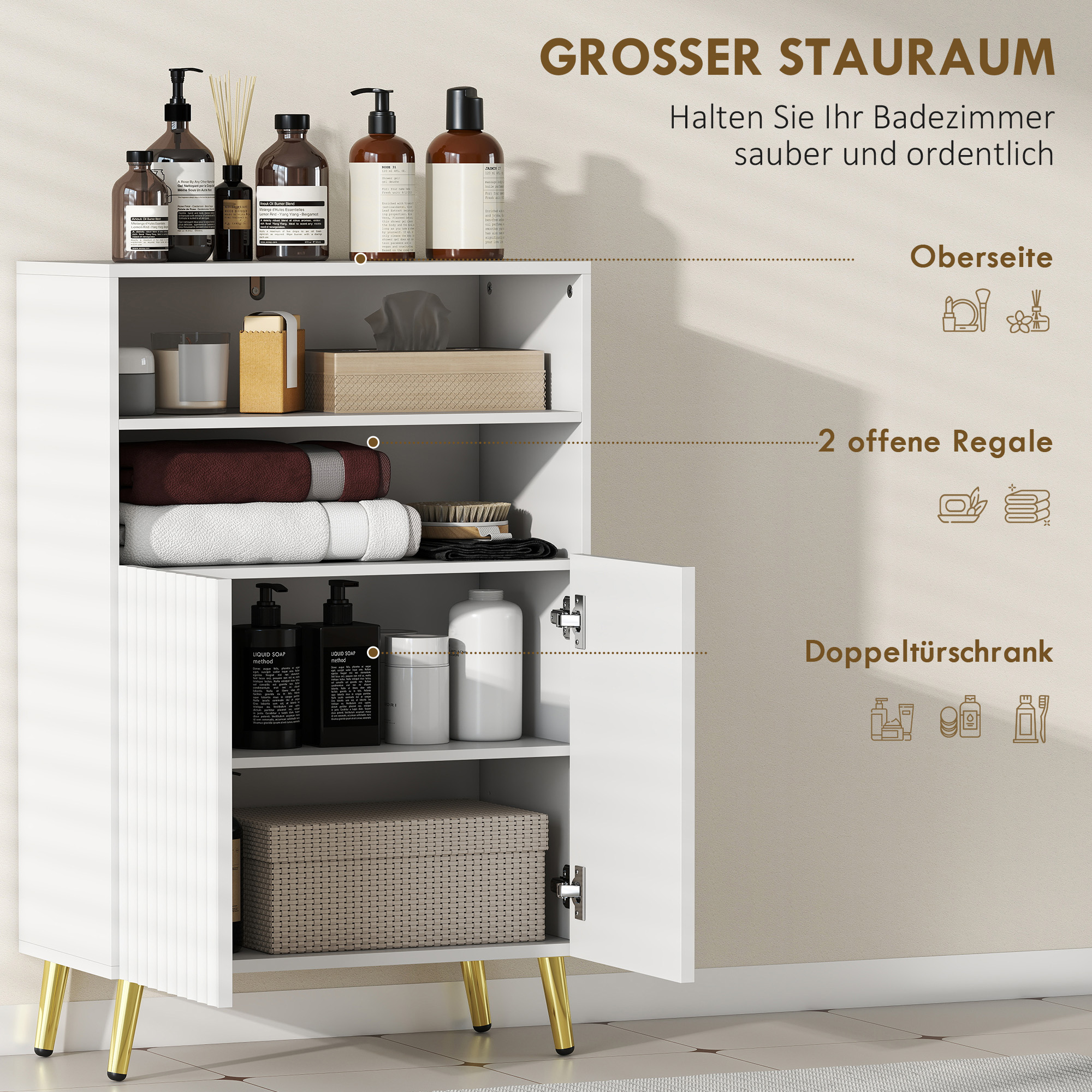 Badezimmerschrank, Kommode für Wohnräume, Soft-Close-Türen, 2 offene Regale, MDF, Weiß