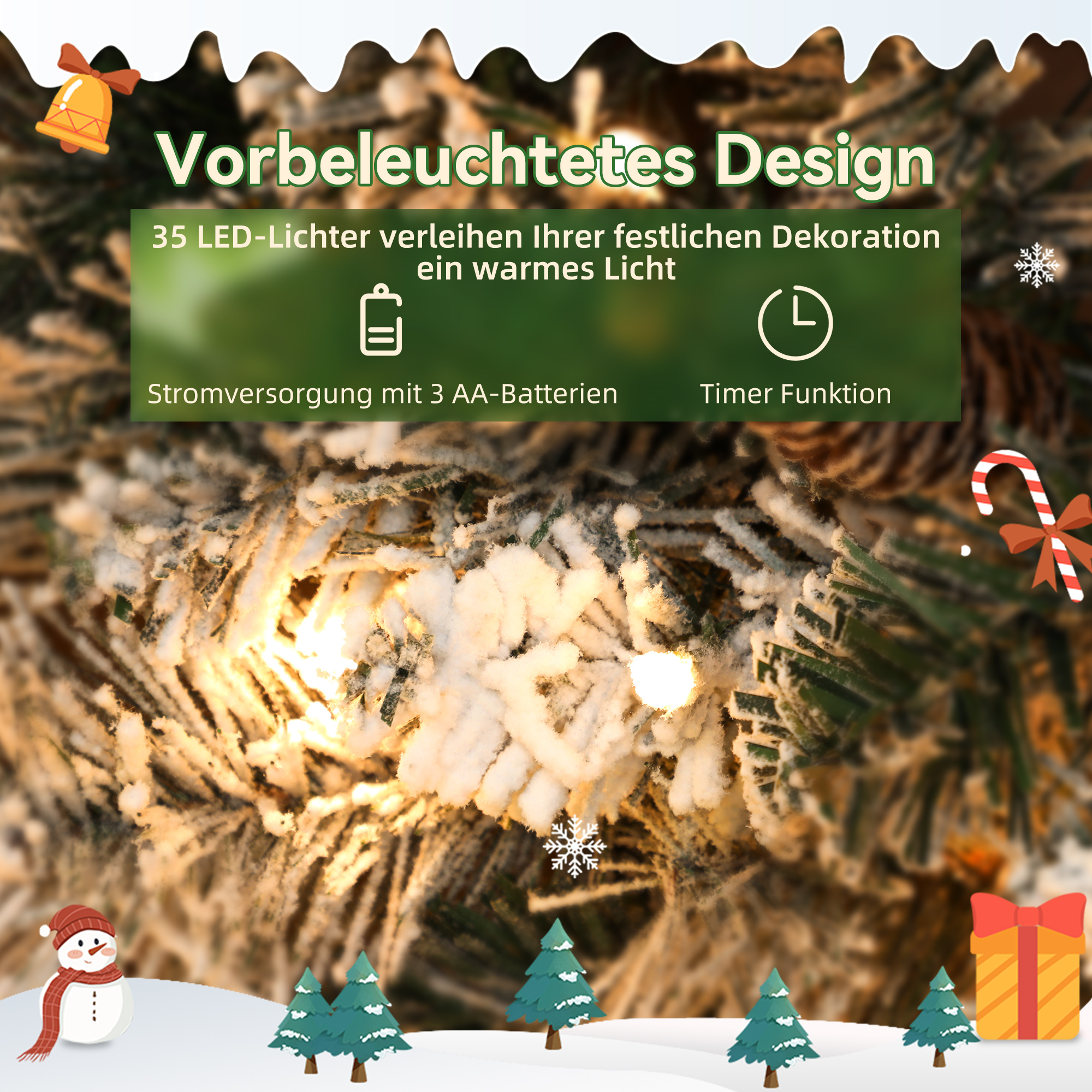 Tannenkranz Weihnachtskranz mit LED-Lichterkette, Tannenzapfen, Türkranz Grün+Weiß, Ø60 x 8 cm