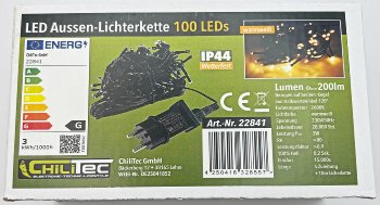 LED Aussen-Lichterkette "CT-ALK100" 10m - warmweiß, Kabel schwarz, IP44, 100 LEDs