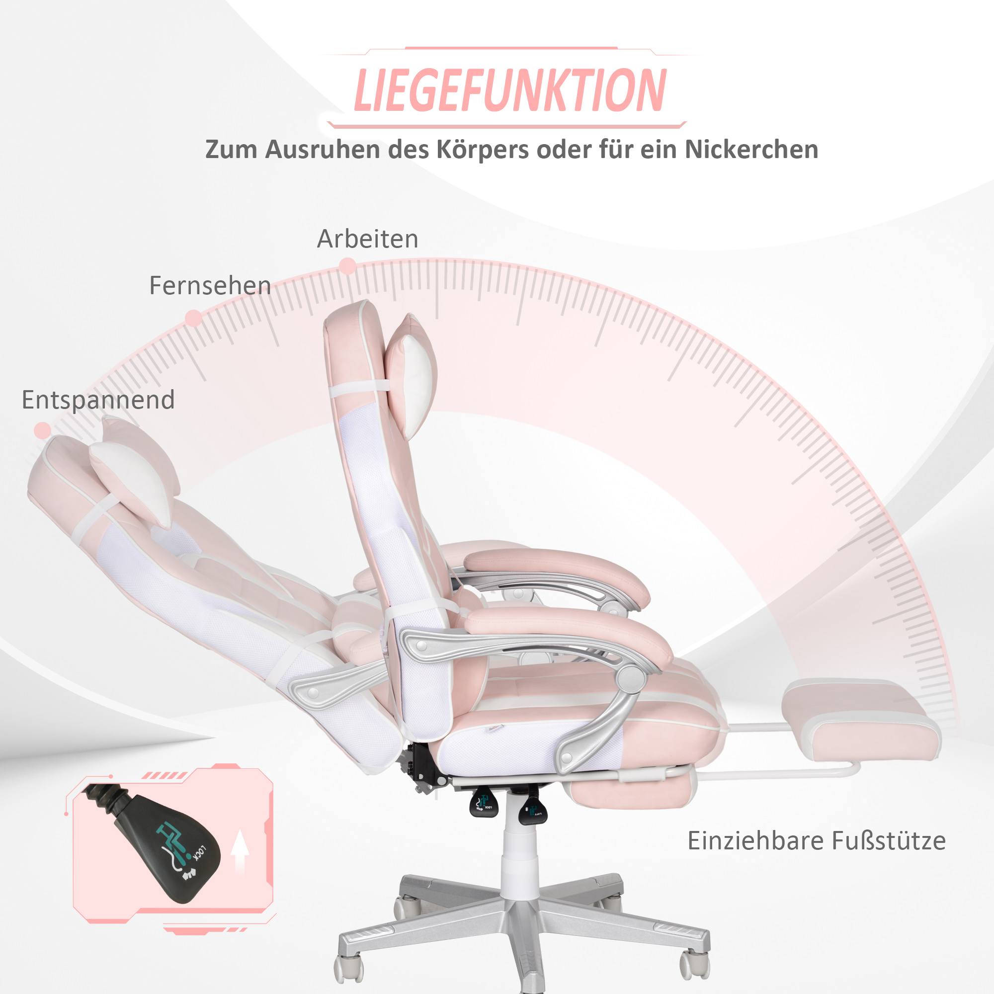 Gamingstuhl mit Fußstütze, Kopf- & Lendenkissen, drehbar, höhenverstellbar, Rosa