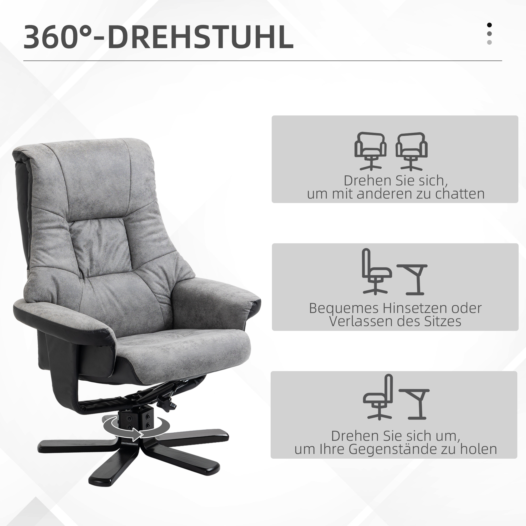 Relaxsessel mit Hocker, 360° drehbar, 135° neigbar, atmungsaktiver Bezug, 78 x 82,5 x 109 cm, grau