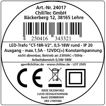LED-Trafo "CT-18E", 0,5-18W, rund / Ein 220-240V, Aus 12V= Konstantspannung