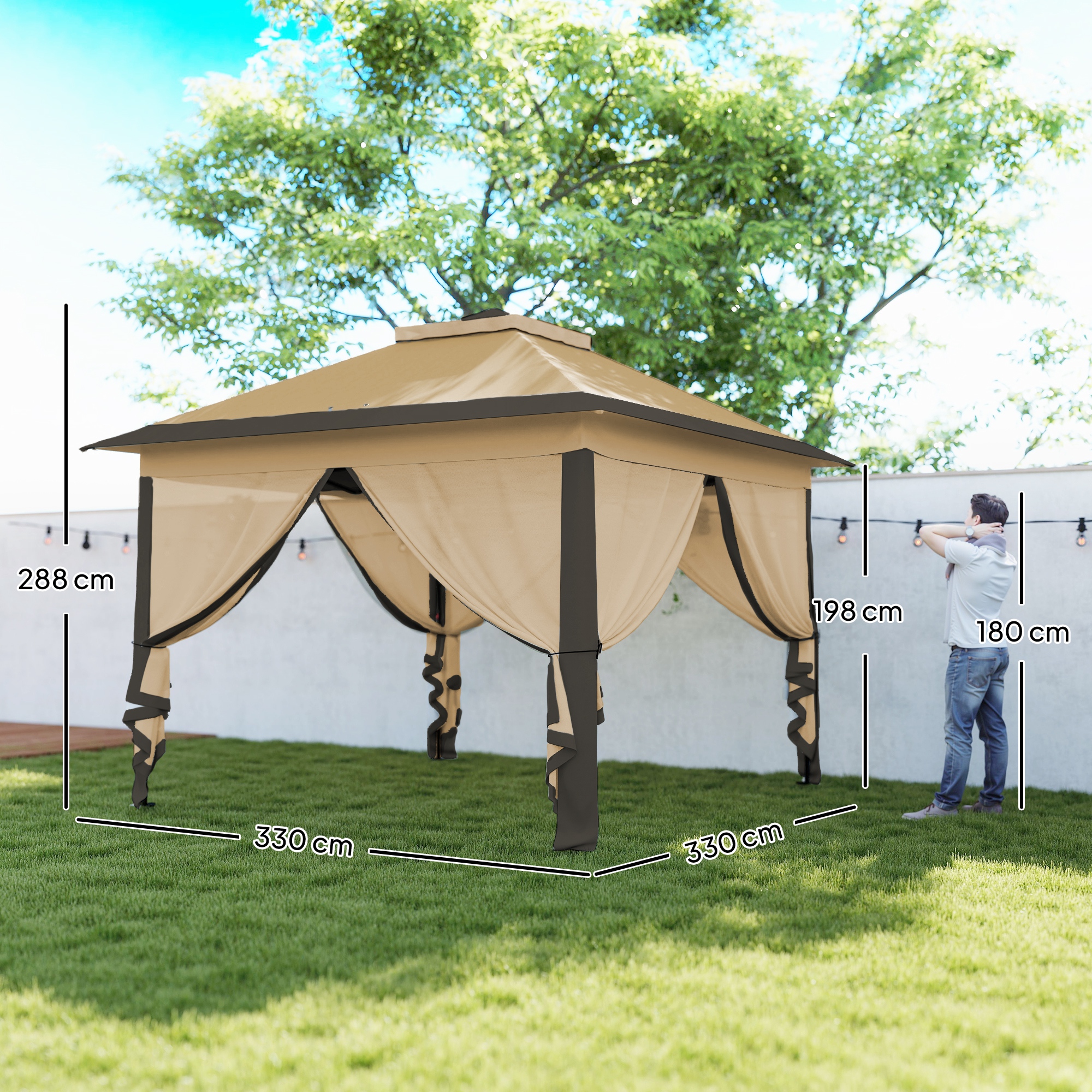 Faltpavillon, Gartenpavillon, Metall und Stoffplane, Netzvorhänge, Entwässerungslöcher, 330L x 330B x 288H cm, Beige