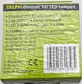 DELPHI Dimmer für LED Lampen - 250V~/ 3-60W, inkl. Rahmen, UP, weiß