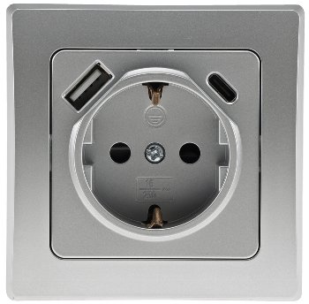 DELPHI Schutzkontakt-Steckdose, silber - 230V~/ 16A, Unterputz, USB-C / PD