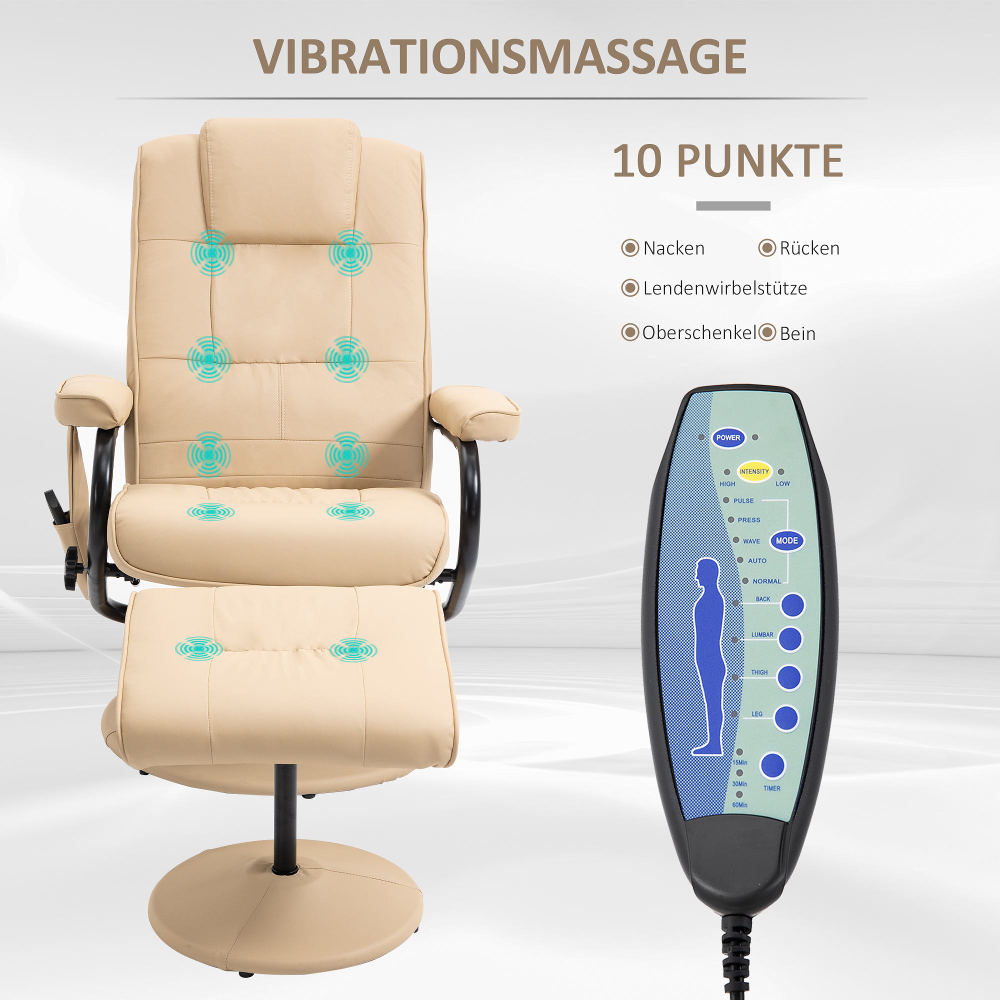 Massagesessel mit Hocker, Drehbares Relaxsessel mit Massagefunktion, Elektrisches Fernsehsessel mit Liegefunktion, Fernbedienung für Wohnzimmer, Kunstleder, Creme